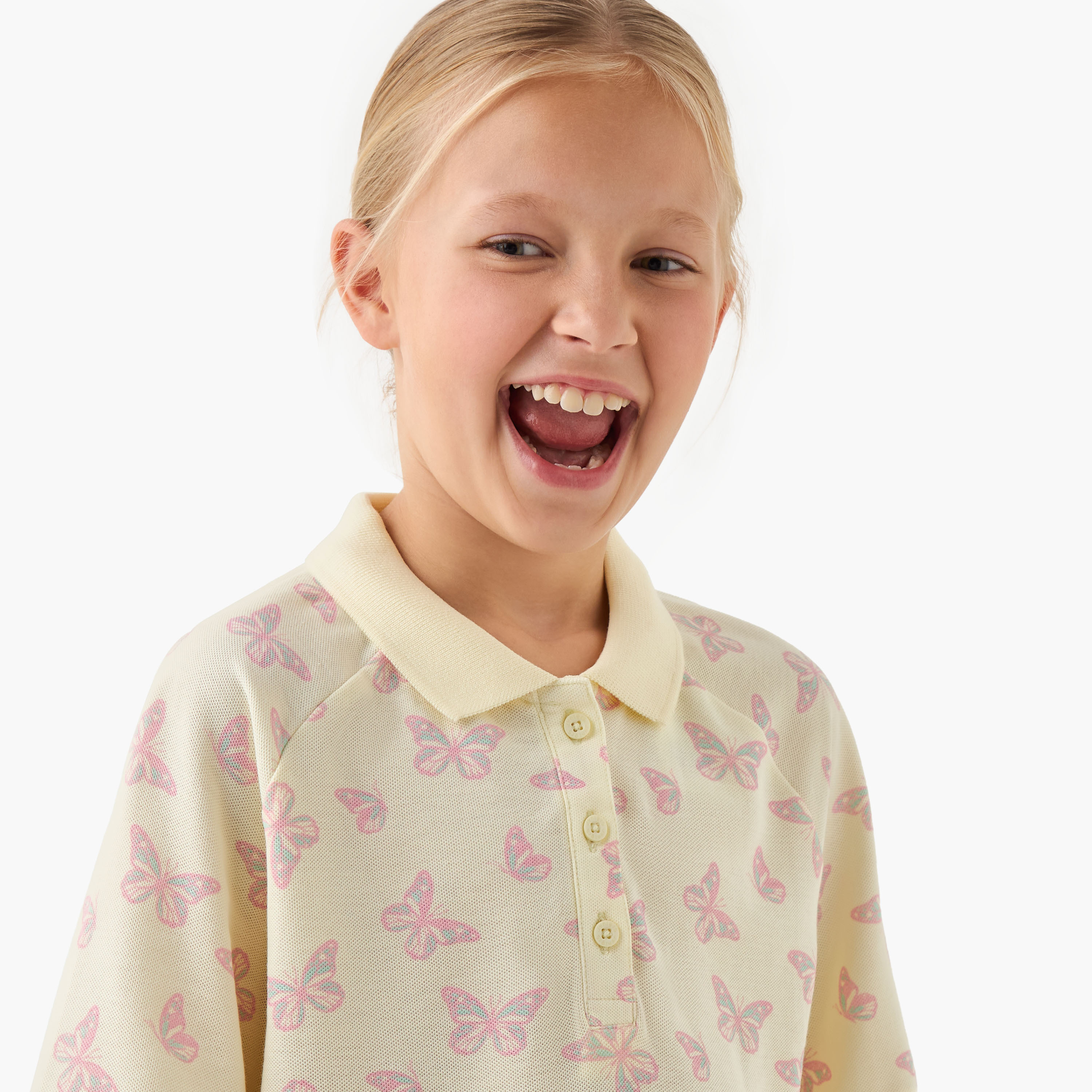 تيشيرت بولو بأكمام قصيرة ونصف وصلة أزرار وطبعات فراشة-girls-clothing-tshirts-image-4