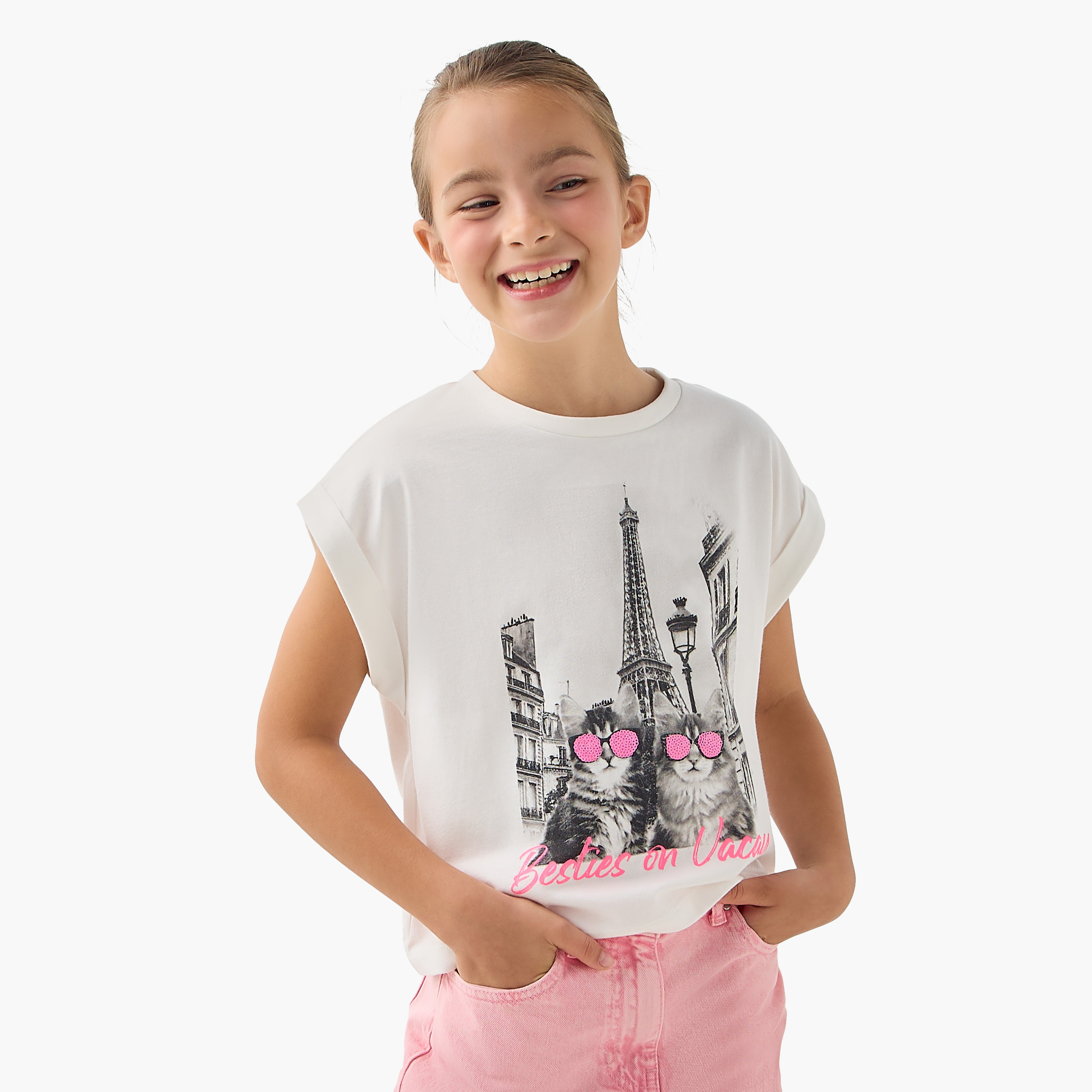 Juniors Graphic Print Crew Neck T-shirt with Extended Sleeves-girls-clothing-tshirts-image-1