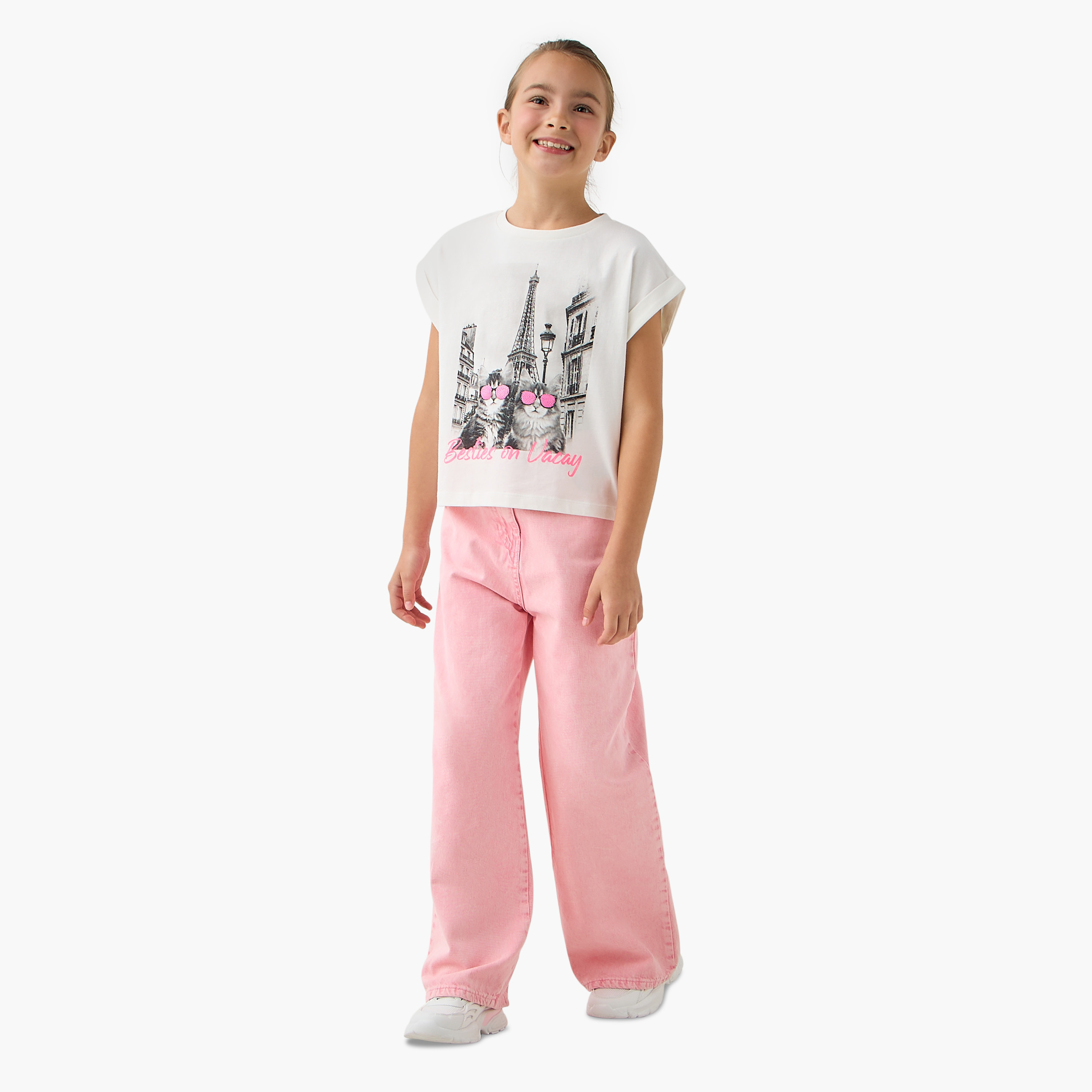 Juniors Graphic Print Crew Neck T-shirt with Extended Sleeves-girls-clothing-tshirts-image-2