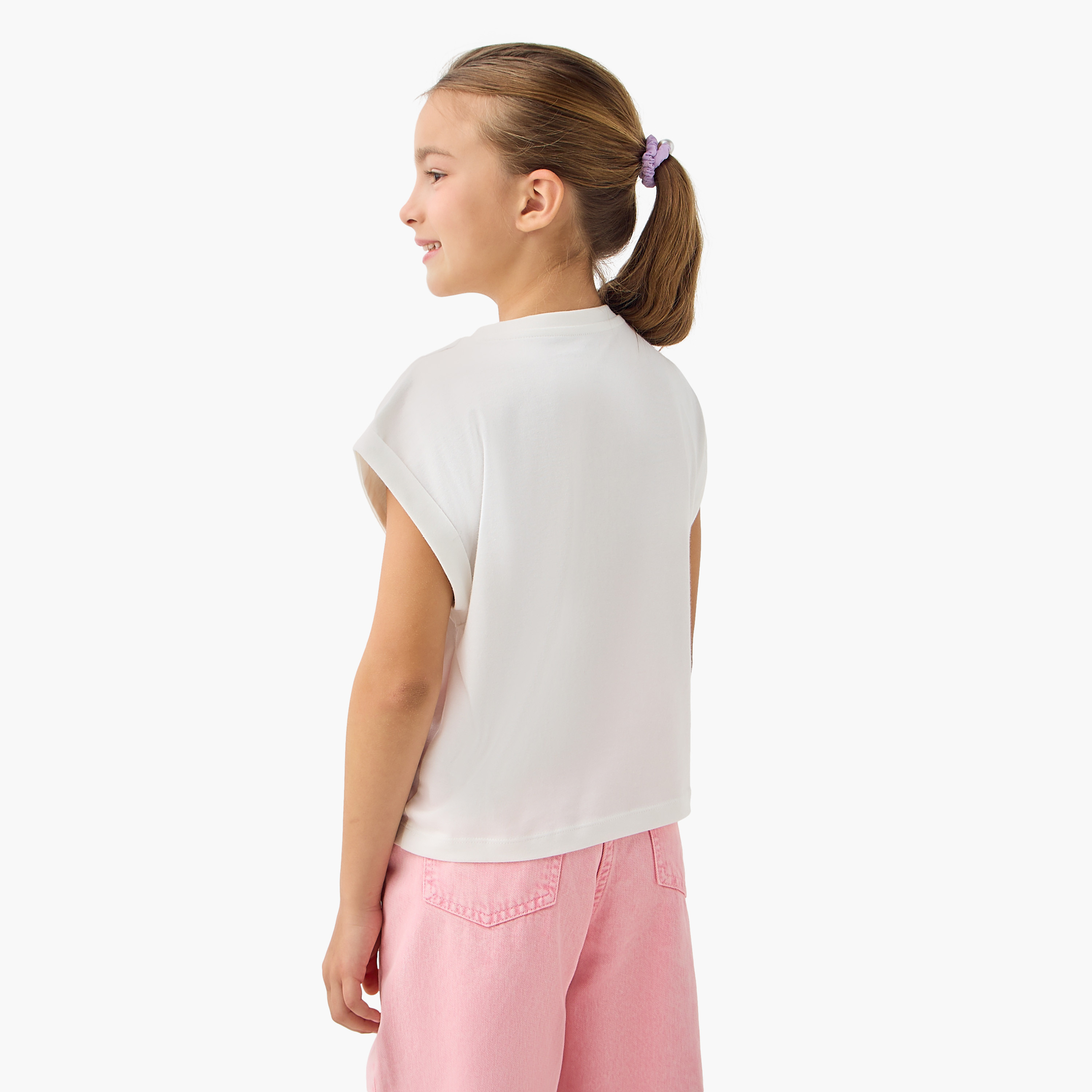 Juniors Graphic Print Crew Neck T-shirt with Extended Sleeves-girls-clothing-tshirts-image-3