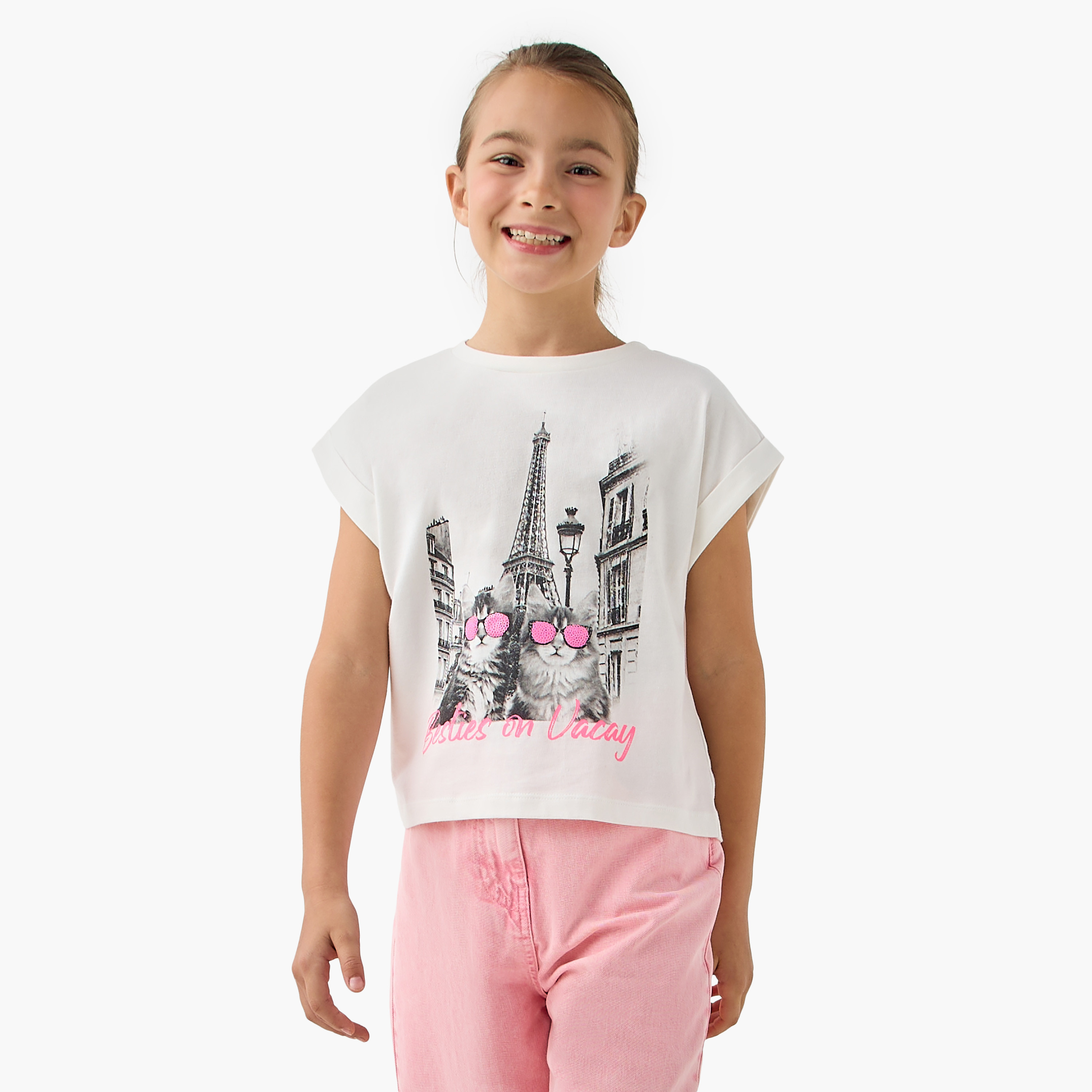 Juniors Graphic Print Crew Neck T-shirt with Extended Sleeves-girls-clothing-tshirts-image-6