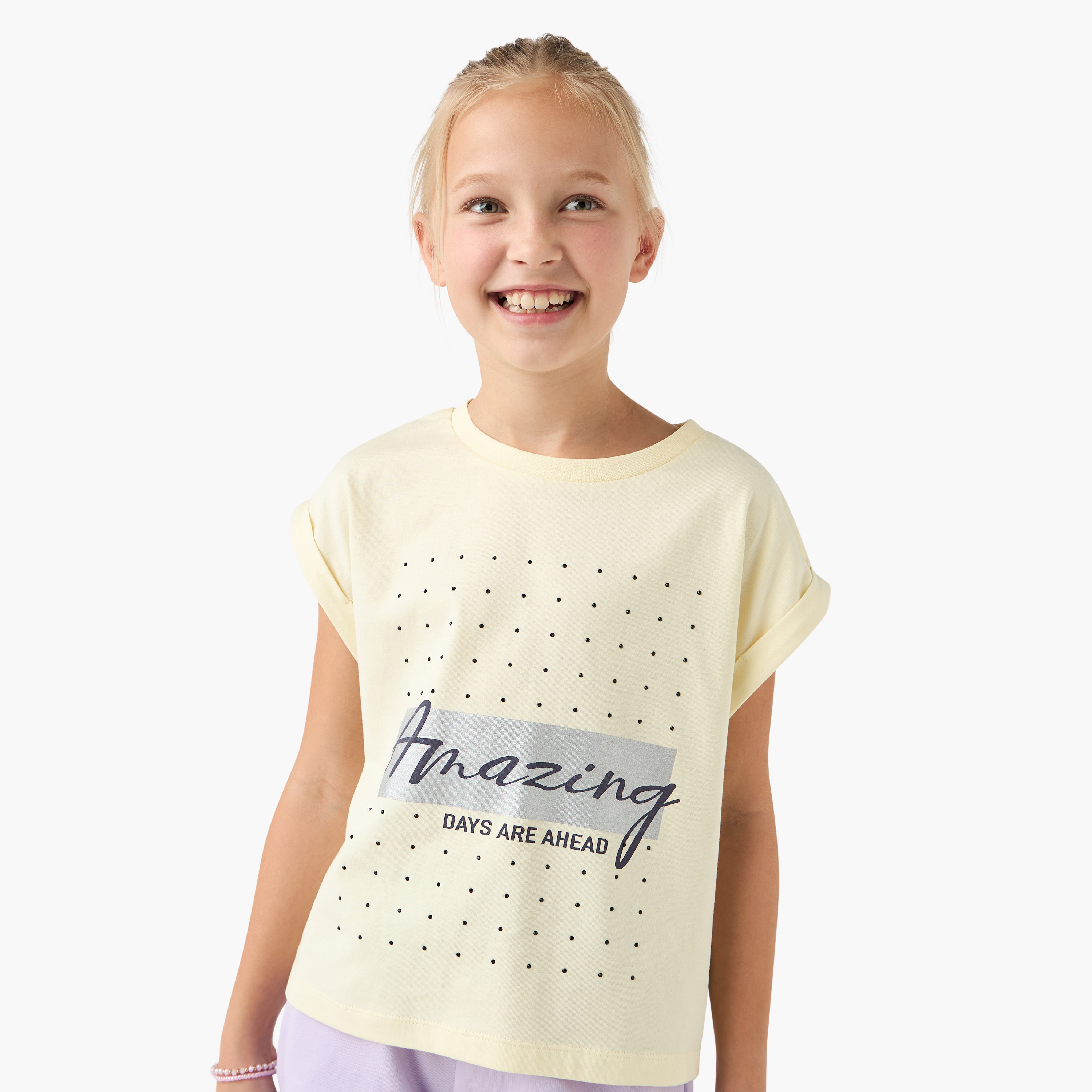 Juniors Graphic Print Crew Neck T-shirt with Extended Sleeves-girls-clothing-tshirts-image-1