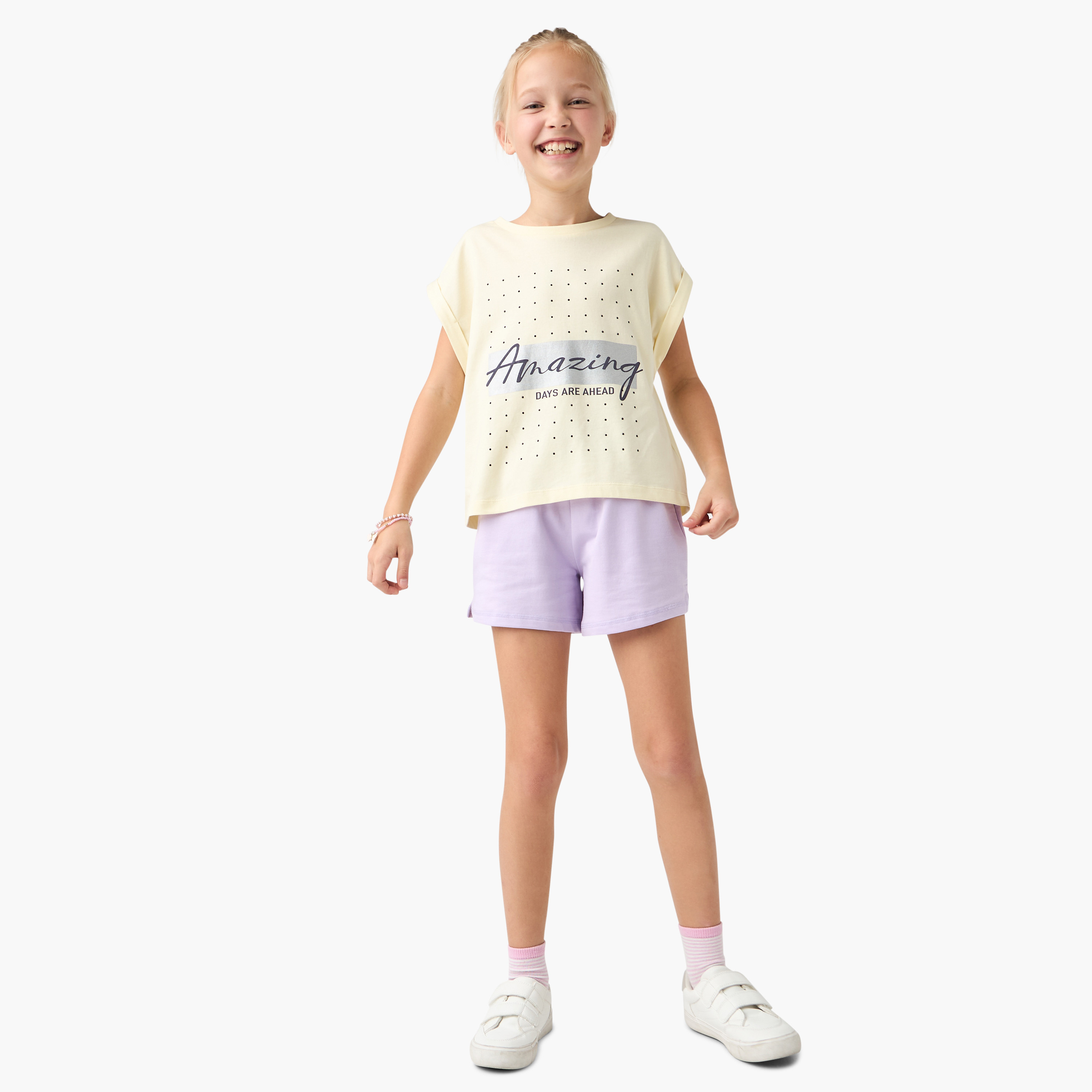 Juniors Graphic Print Crew Neck T-shirt with Extended Sleeves-girls-clothing-tshirts-image-2