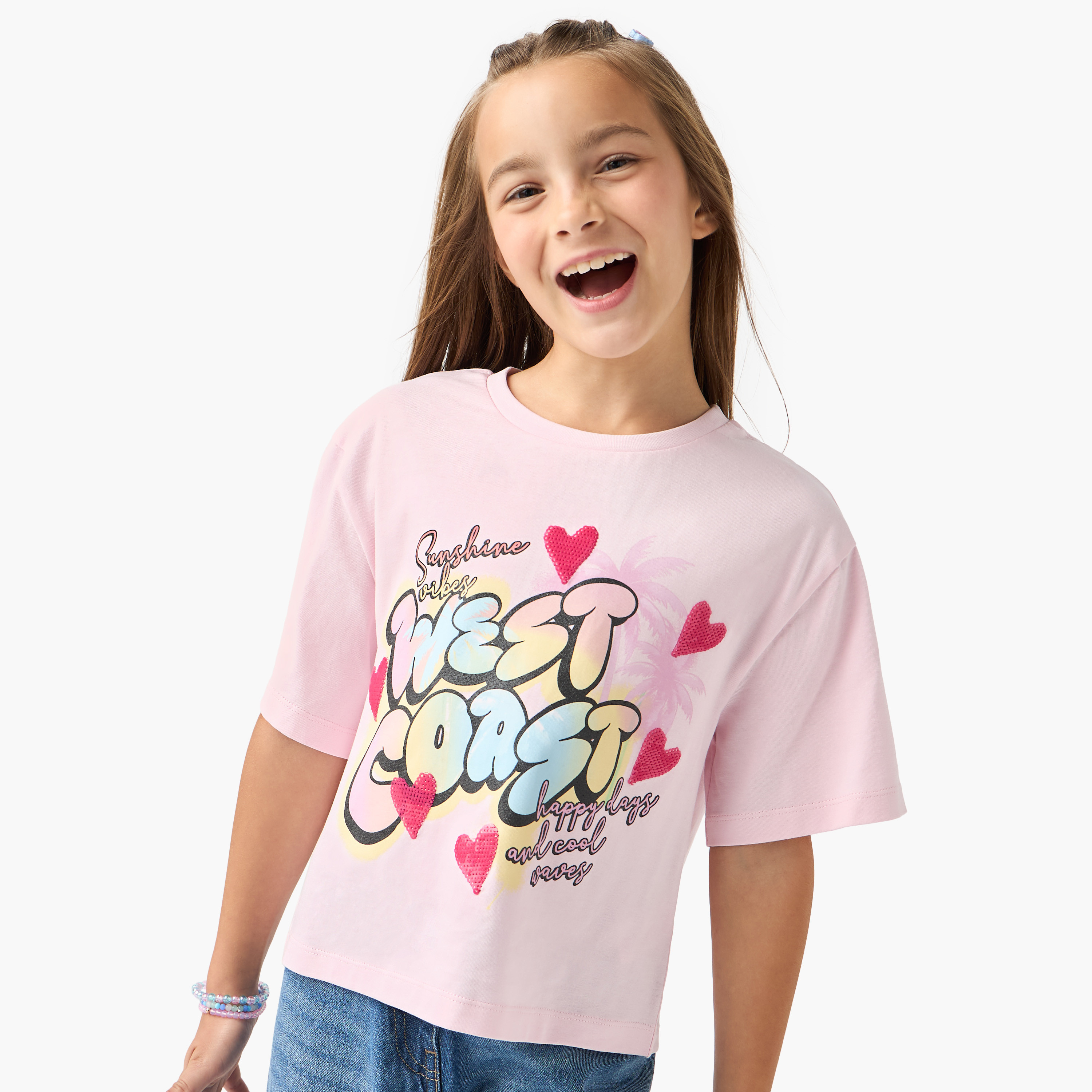 Juniors Graphic Print Boxy T-shirt with Short Sleeves-girls-clothing-tshirts-image-1