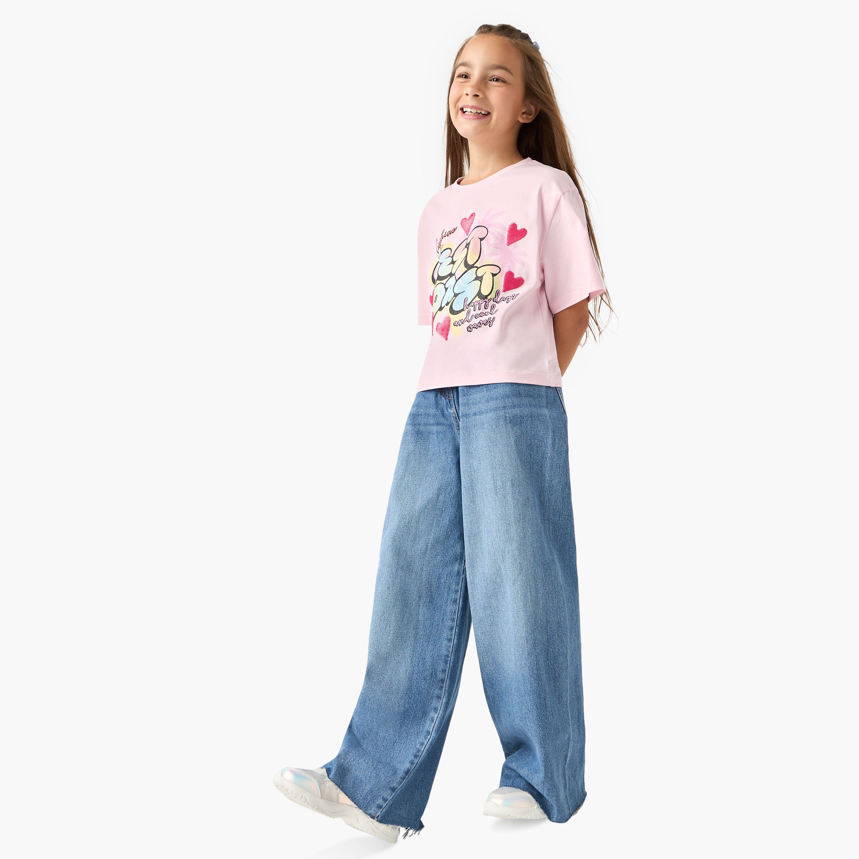 Juniors Graphic Print Boxy T-shirt with Short Sleeves-girls-clothing-tshirts-image-2