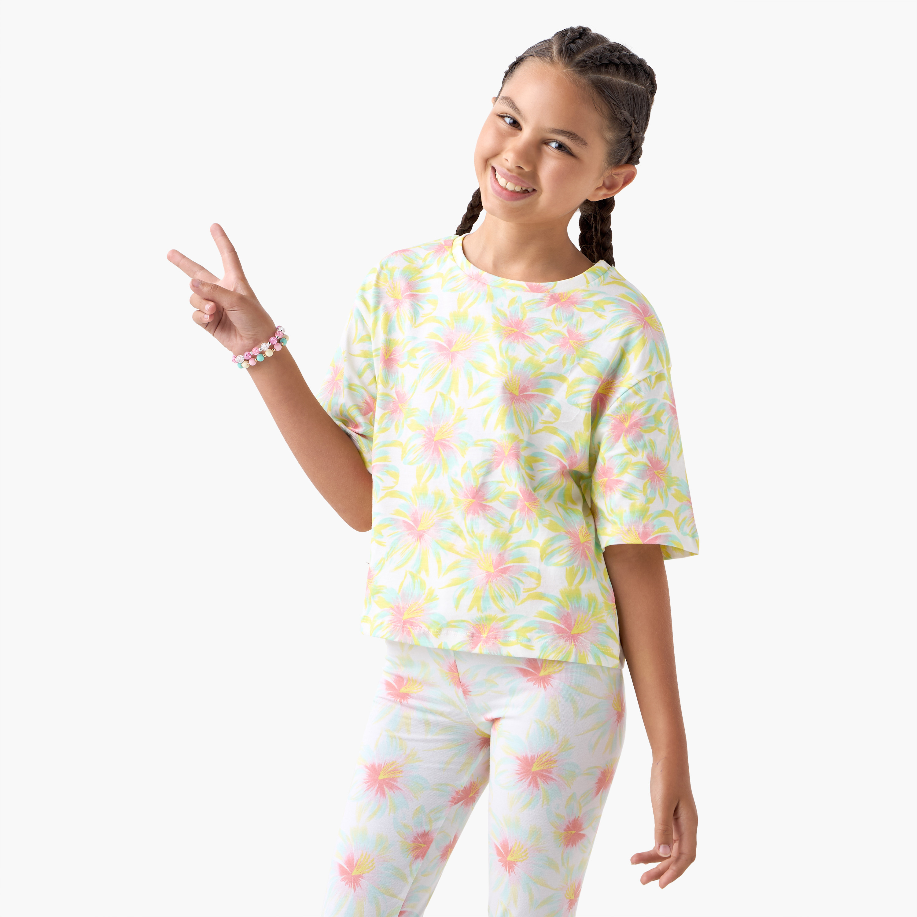 Juniors Floral Print T-shirt with Short Sleeves-girls-clothing-tshirts-image-1
