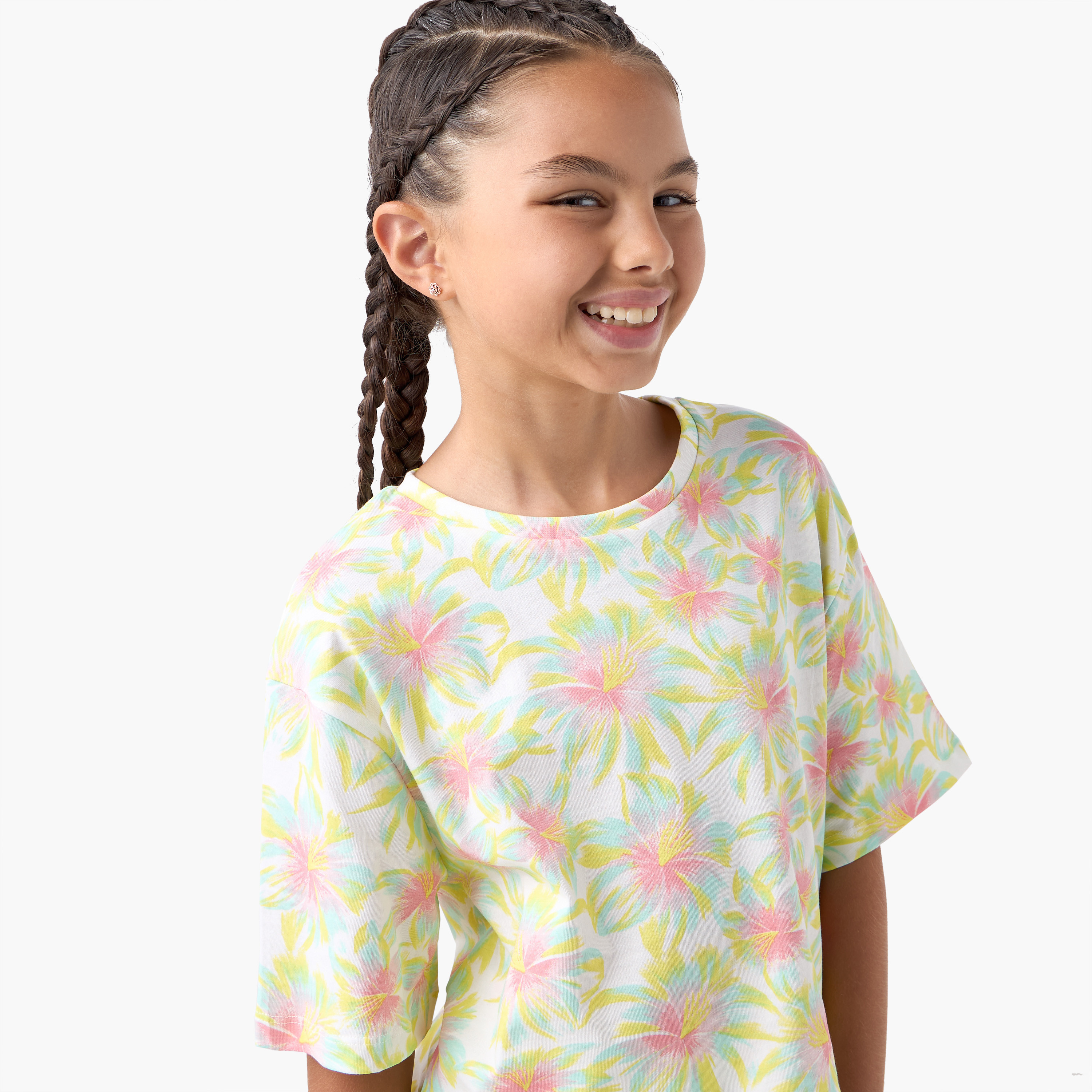 Juniors Floral Print T-shirt with Short Sleeves-girls-clothing-tshirts-image-4