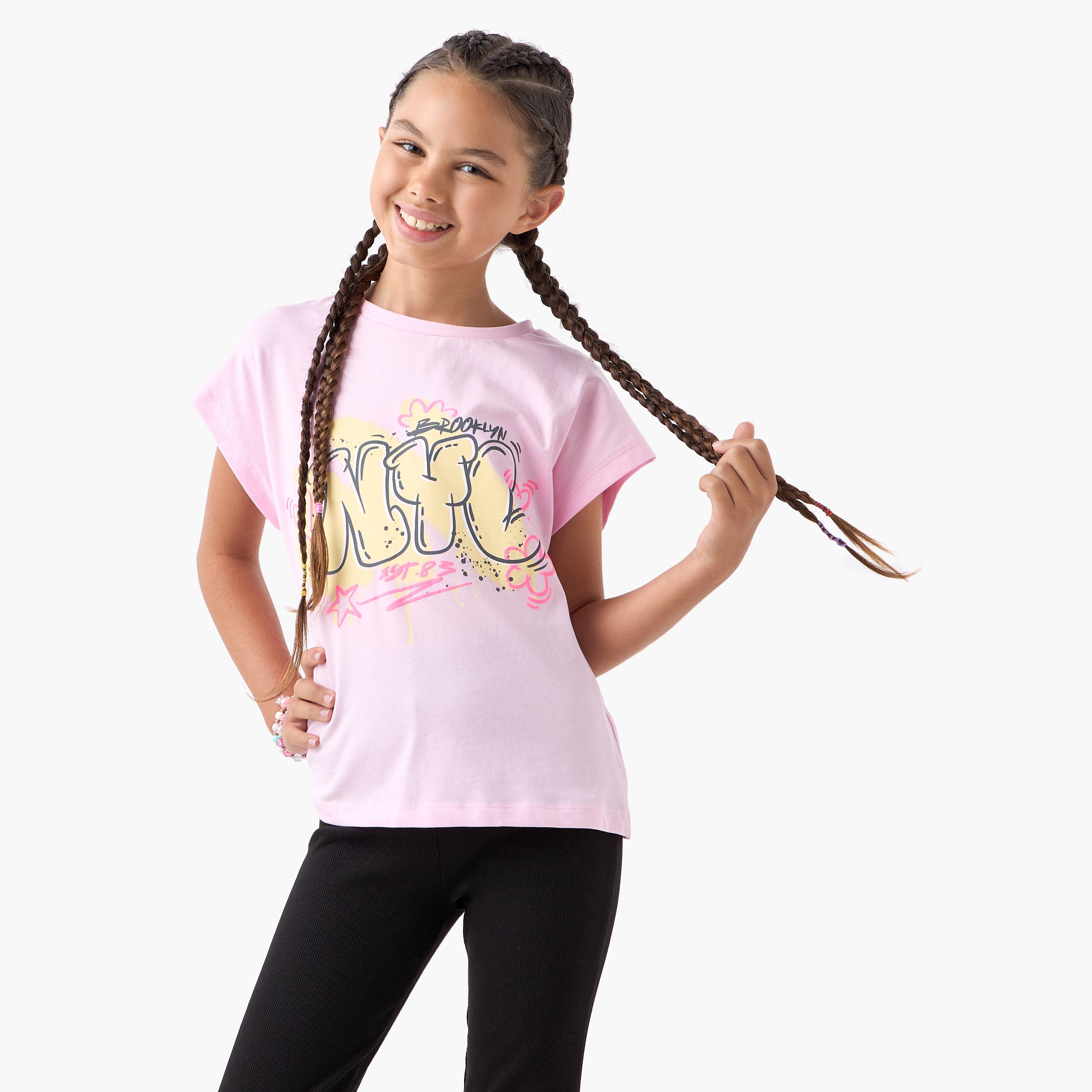 Juniors Graphic Print T-shirt with Extended Sleeves-girls-clothing-tshirts-image-1