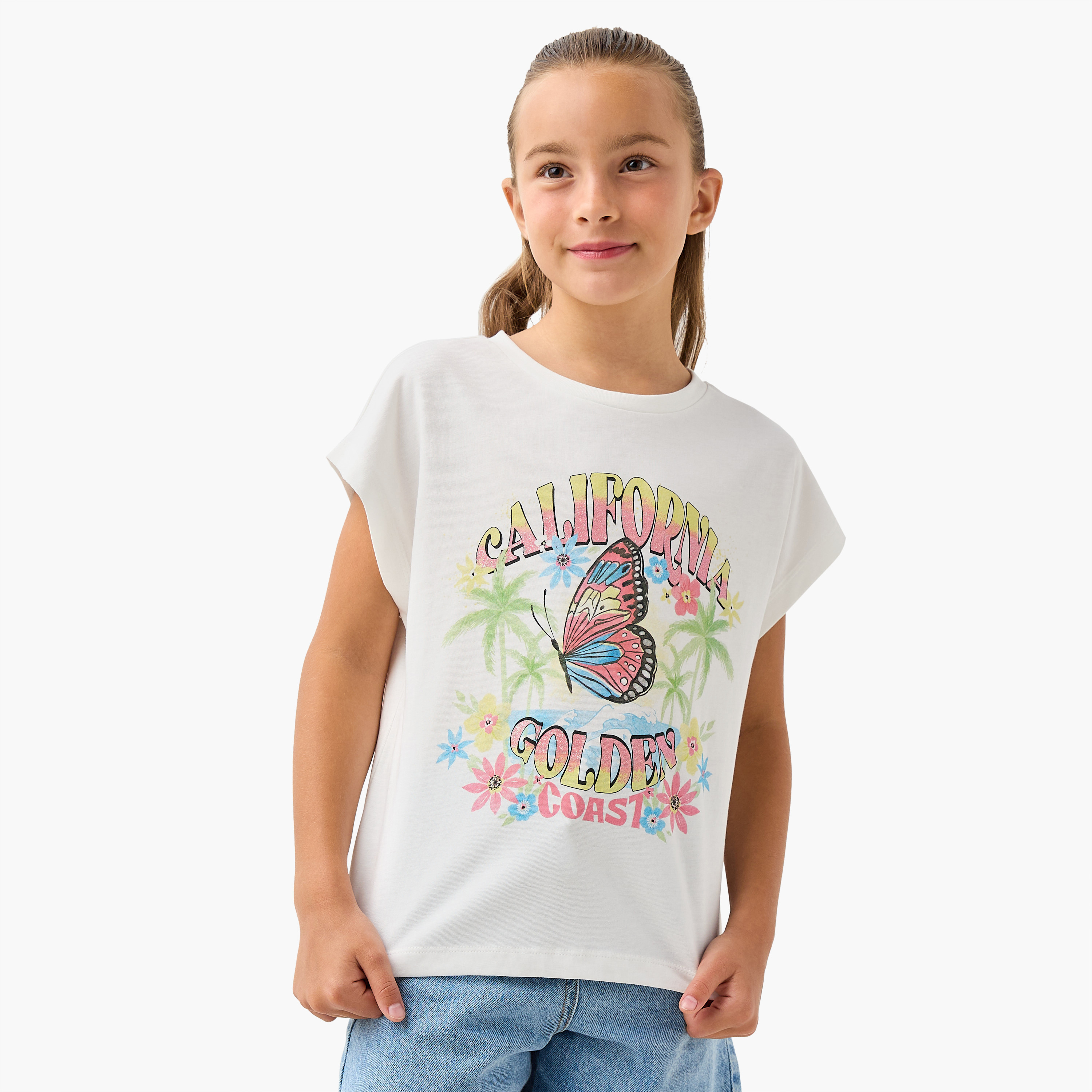 Juniors Butterfly Print T-shirt with Short Extended Sleeves-girls-clothing-tshirts-image-1