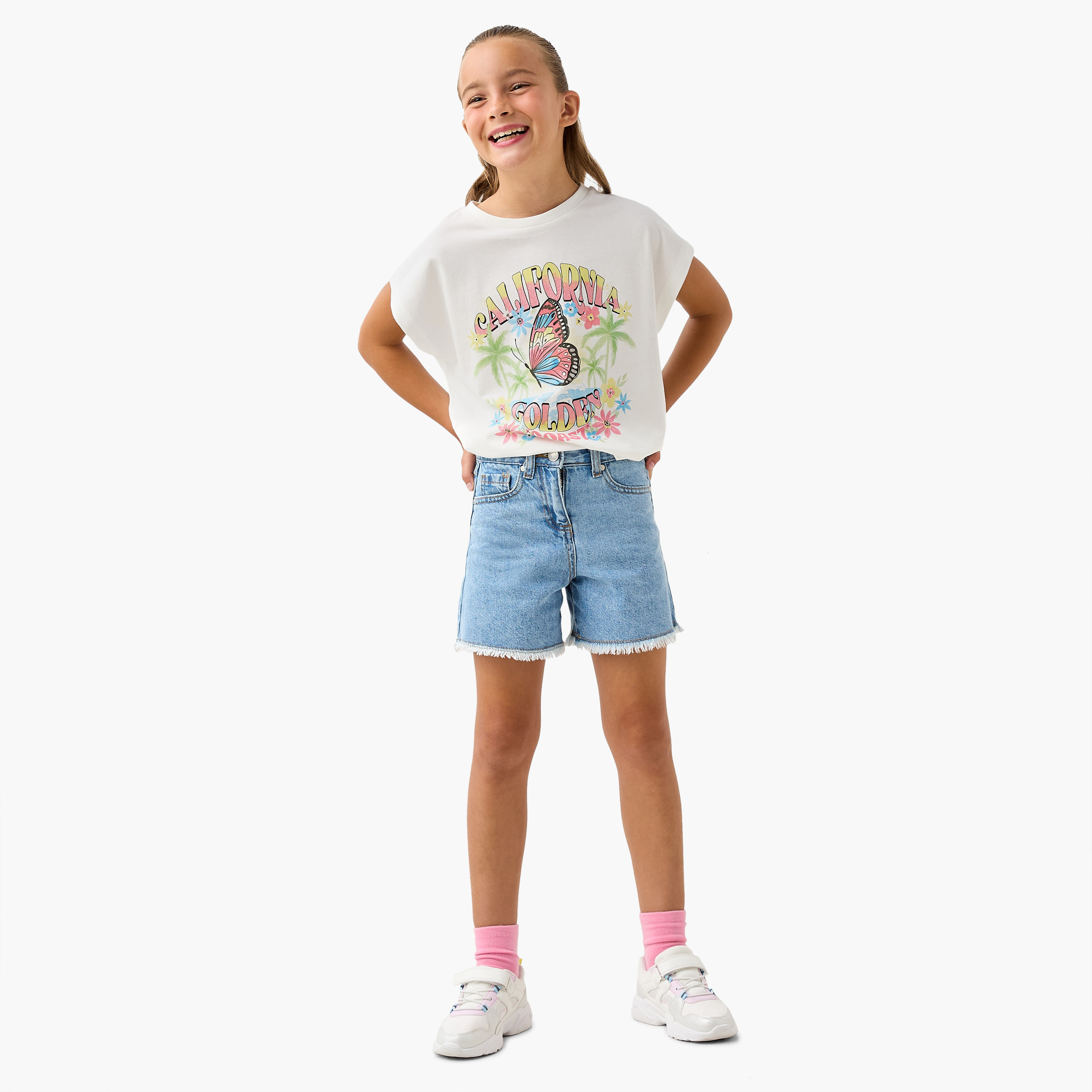 Juniors Butterfly Print T-shirt with Short Extended Sleeves-girls-clothing-tshirts-image-2