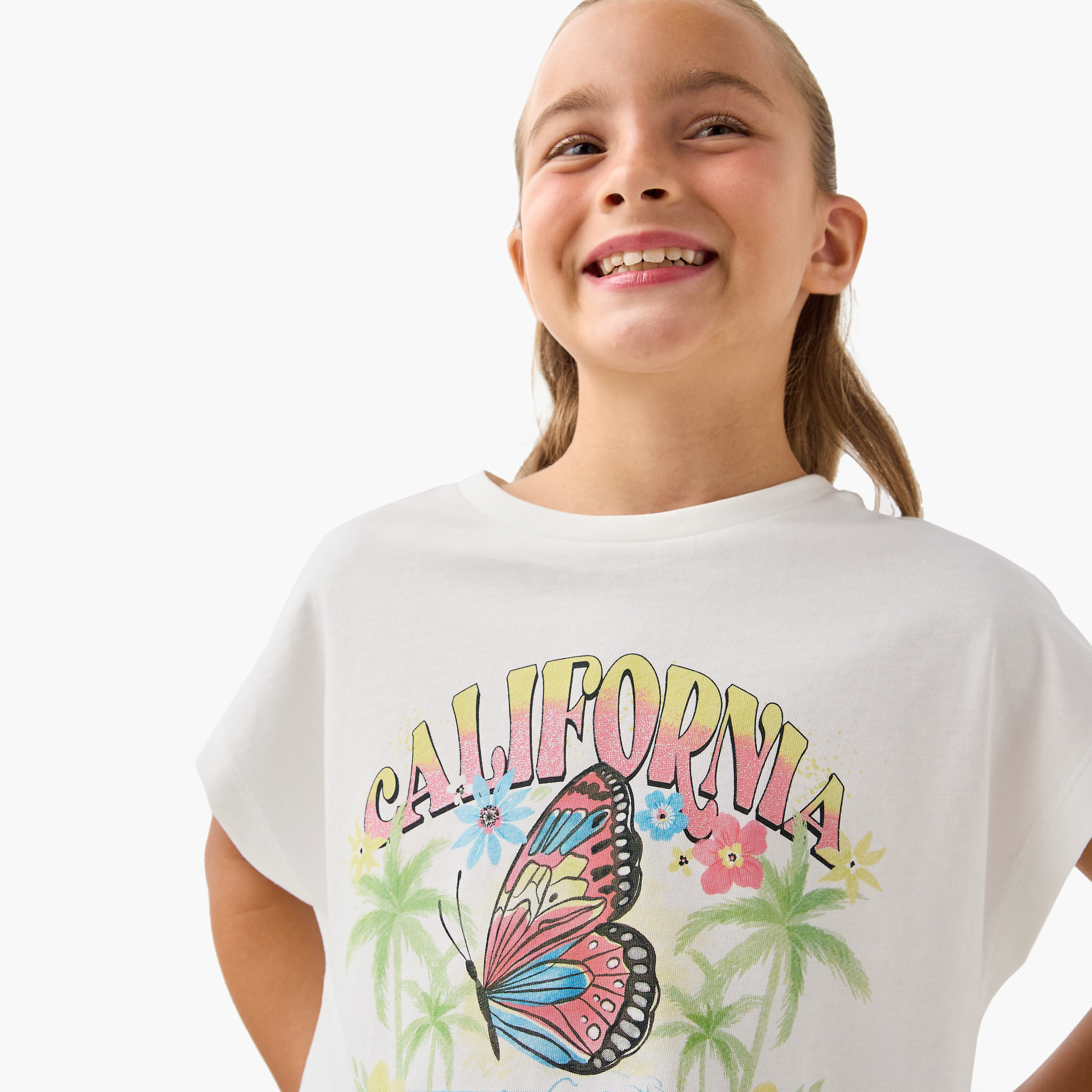Juniors Butterfly Print T-shirt with Short Extended Sleeves-girls-clothing-tshirts-image-4
