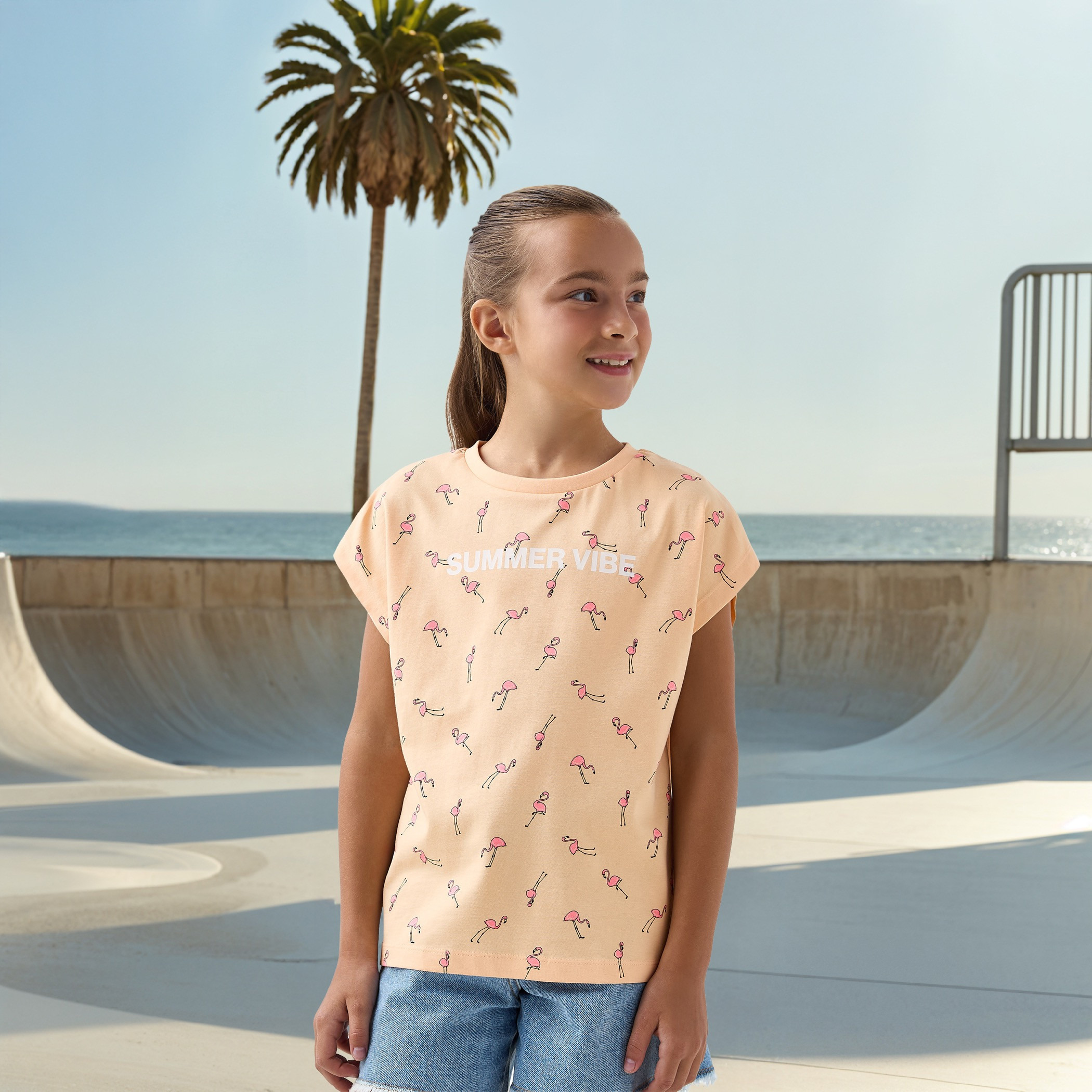 Juniors All-Over Flamingo Print T-shirt with Extended Sleeves-girls-clothing-tshirts-image-1