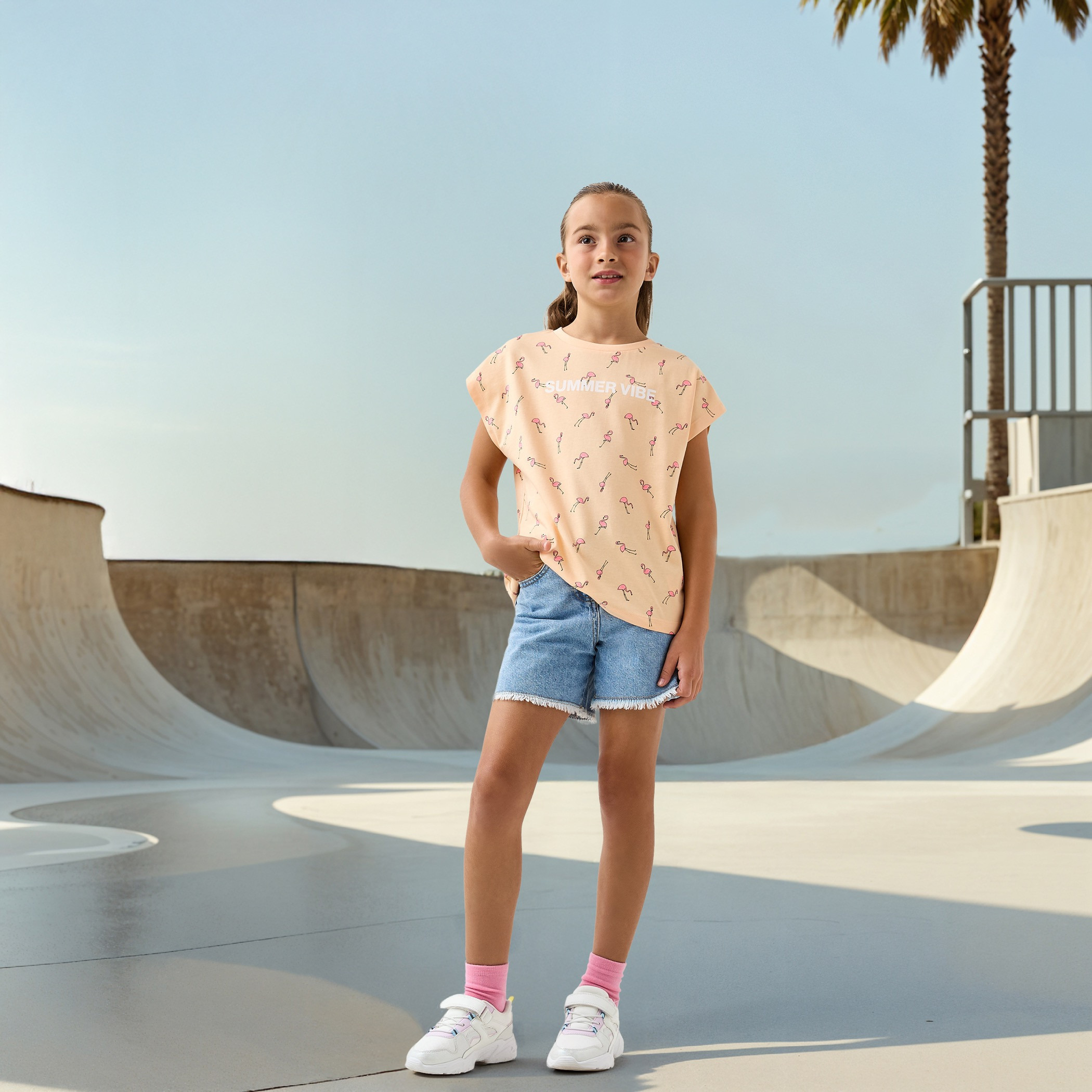 Juniors All-Over Flamingo Print T-shirt with Extended Sleeves-girls-clothing-tshirts-image-2