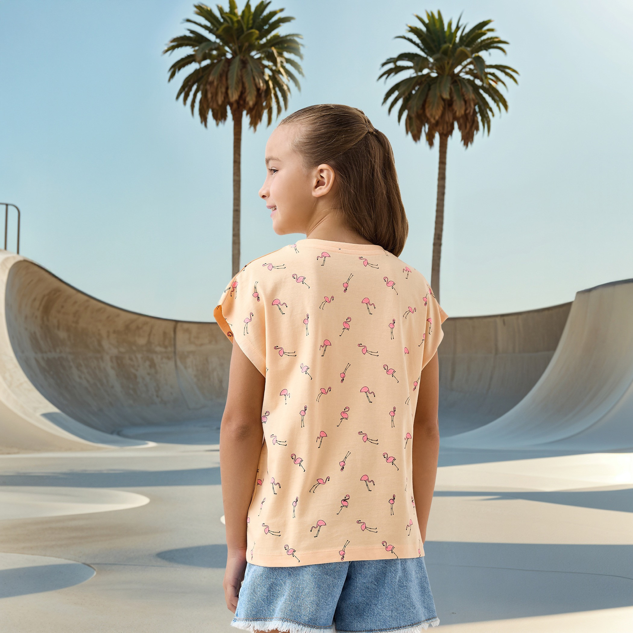 Juniors All-Over Flamingo Print T-shirt with Extended Sleeves-girls-clothing-tshirts-image-3