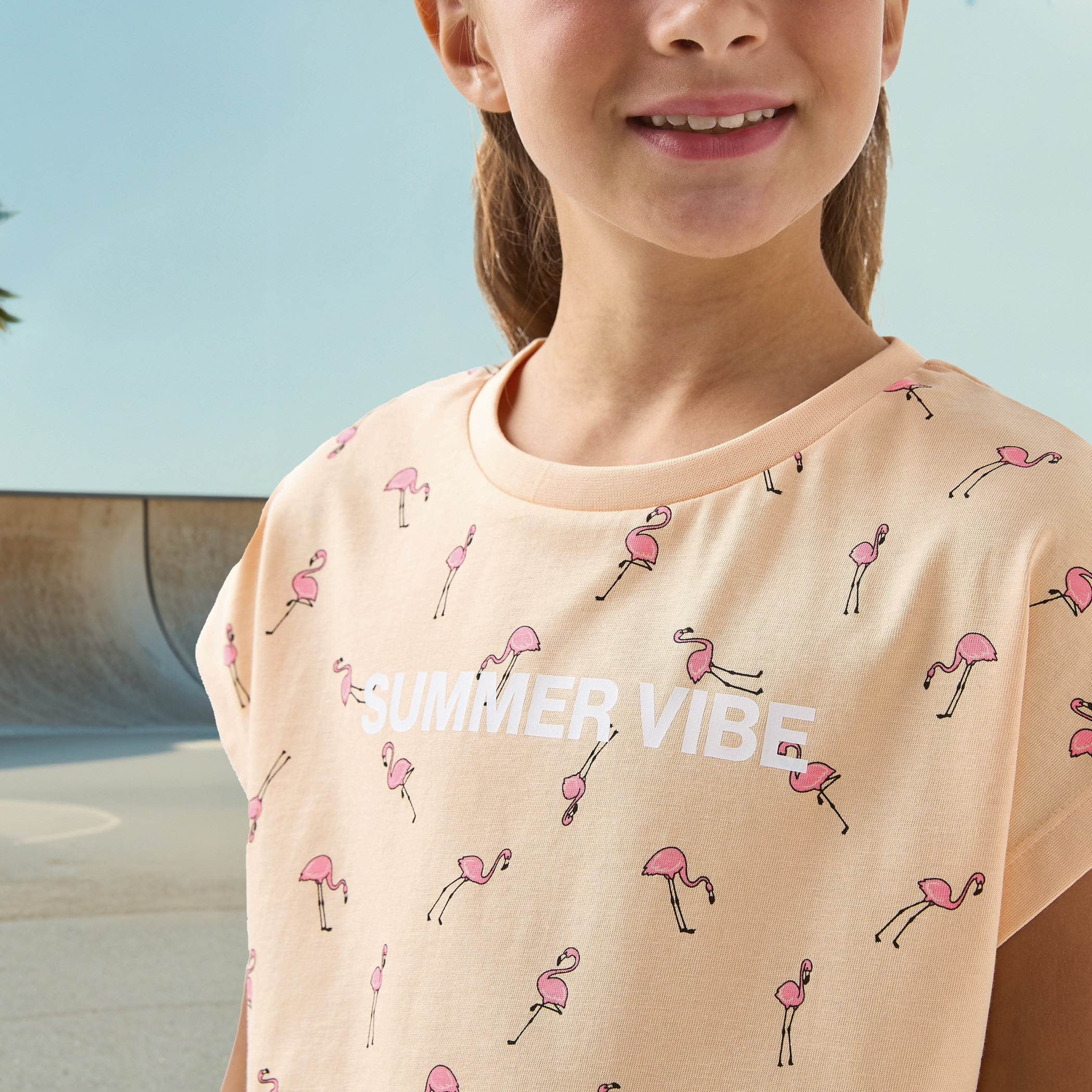 Juniors All-Over Flamingo Print T-shirt with Extended Sleeves-girls-clothing-tshirts-image-4