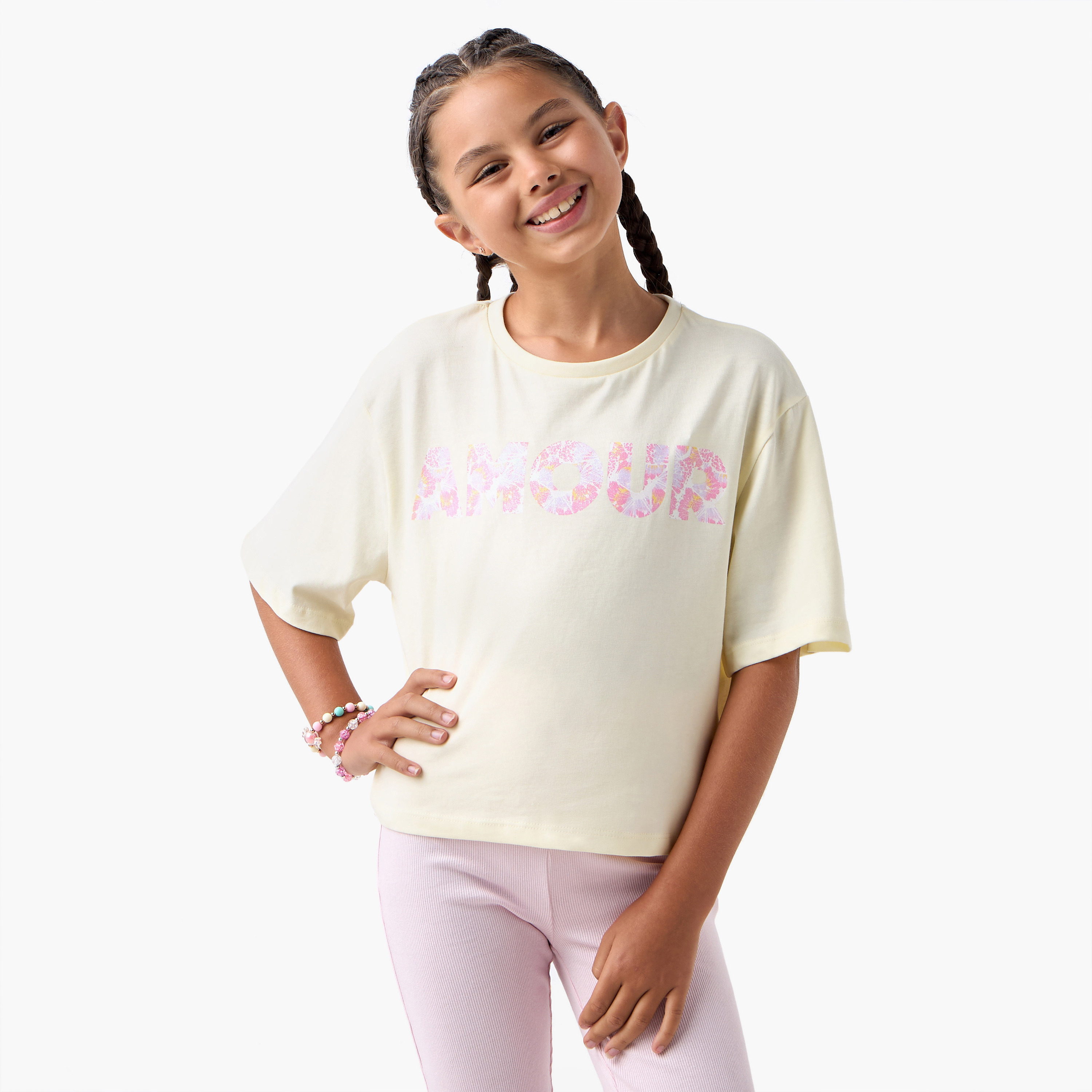 Typographic Print T-shirt with Short Sleeves-girls-clothing-tshirts-image-1