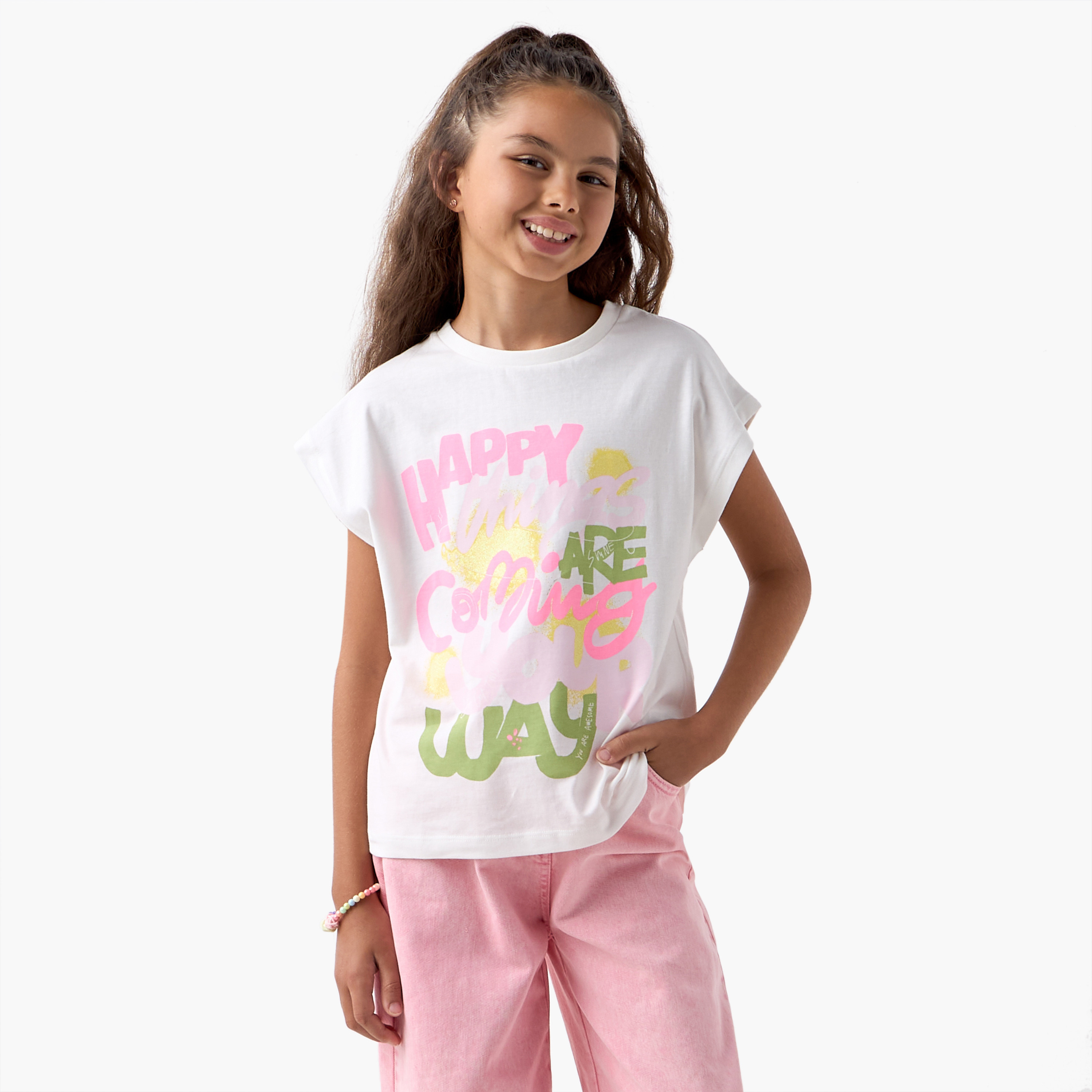 Juniors Slogan Print T-shirt with Short Sleeves-girls-clothing-tshirts-image-1