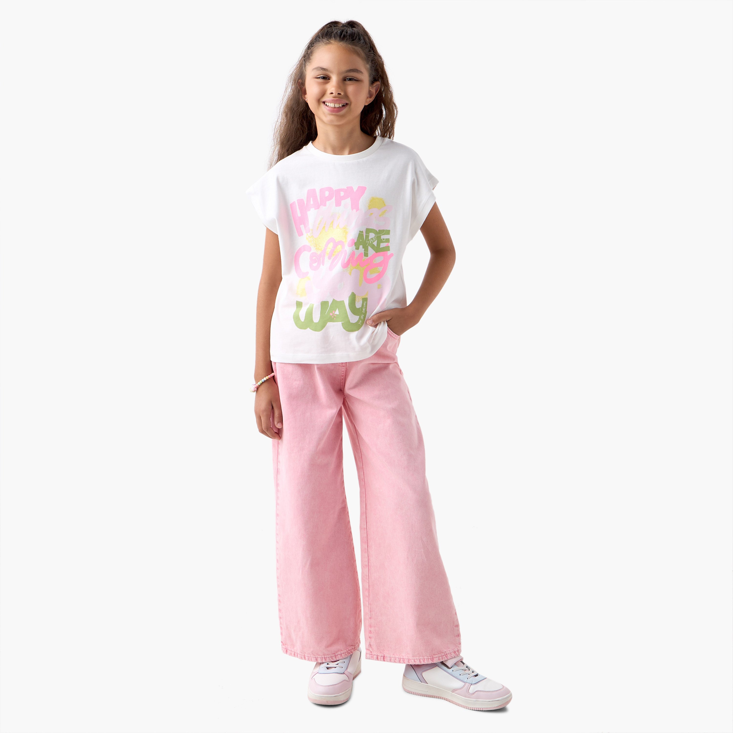 Juniors Slogan Print T-shirt with Short Sleeves-girls-clothing-tshirts-image-2