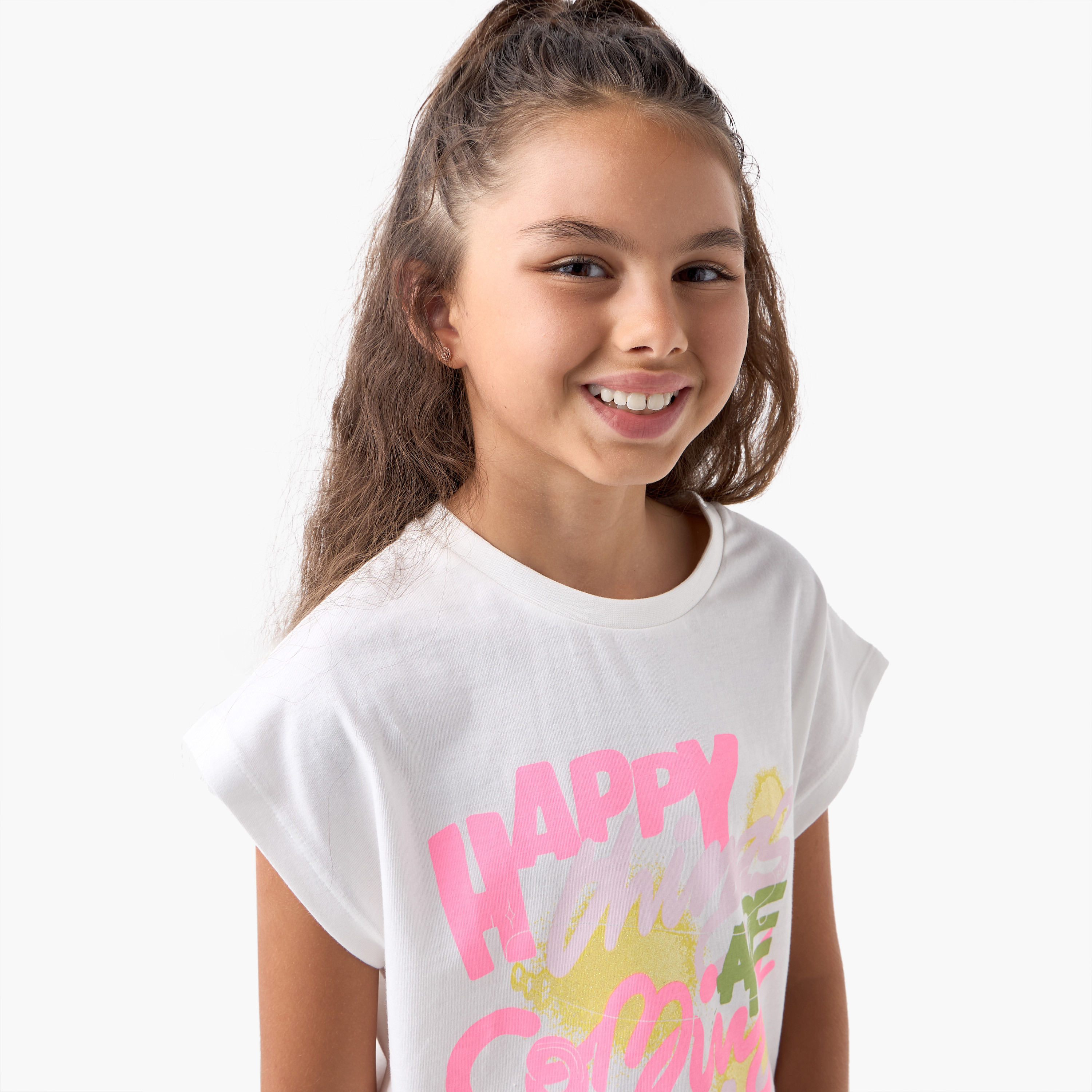 Juniors Slogan Print T-shirt with Short Sleeves-girls-clothing-tshirts-image-4