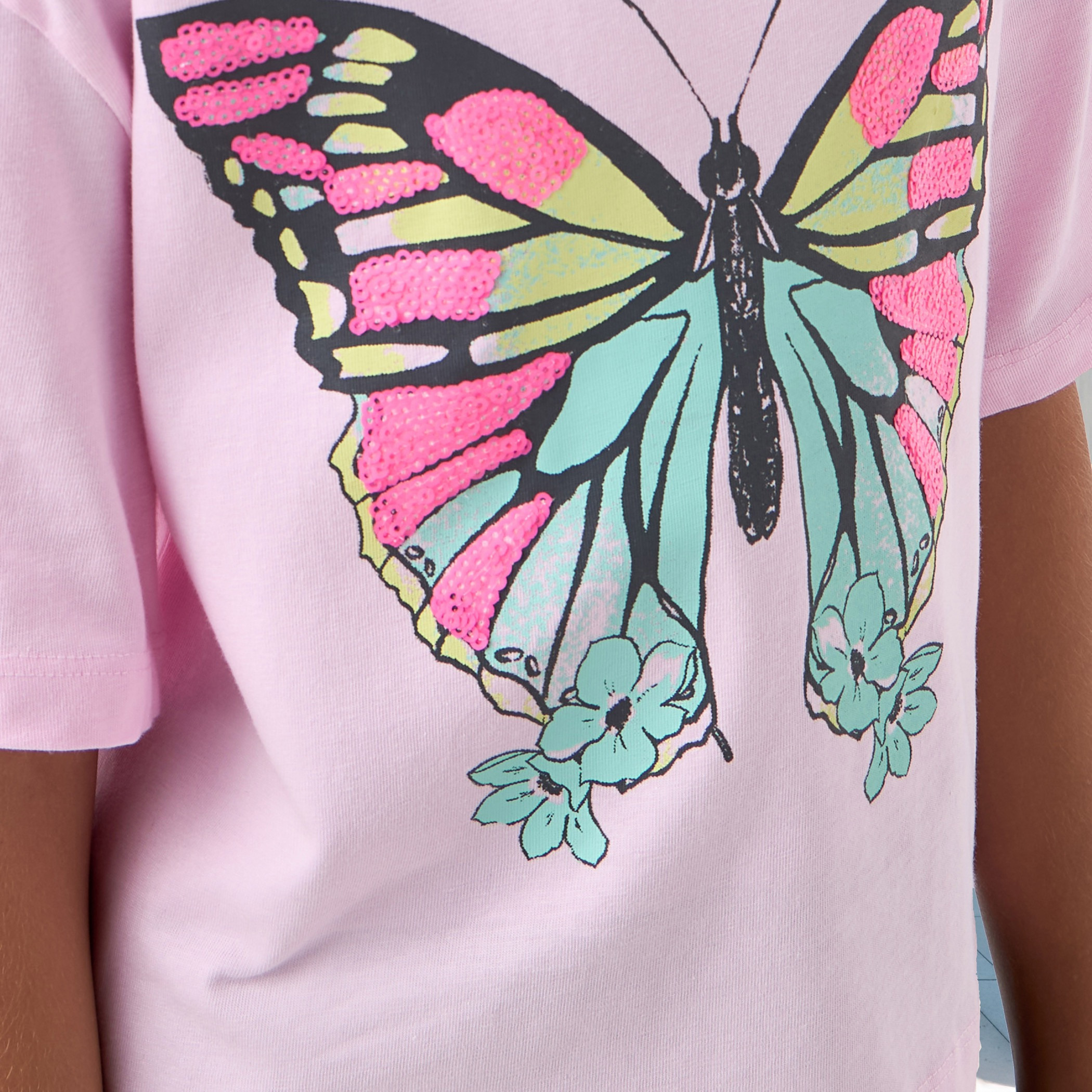 Juniors Butterfly Print T-shirt with Crew Neck and Short Sleeves-girls-clothing-tshirts-image-5