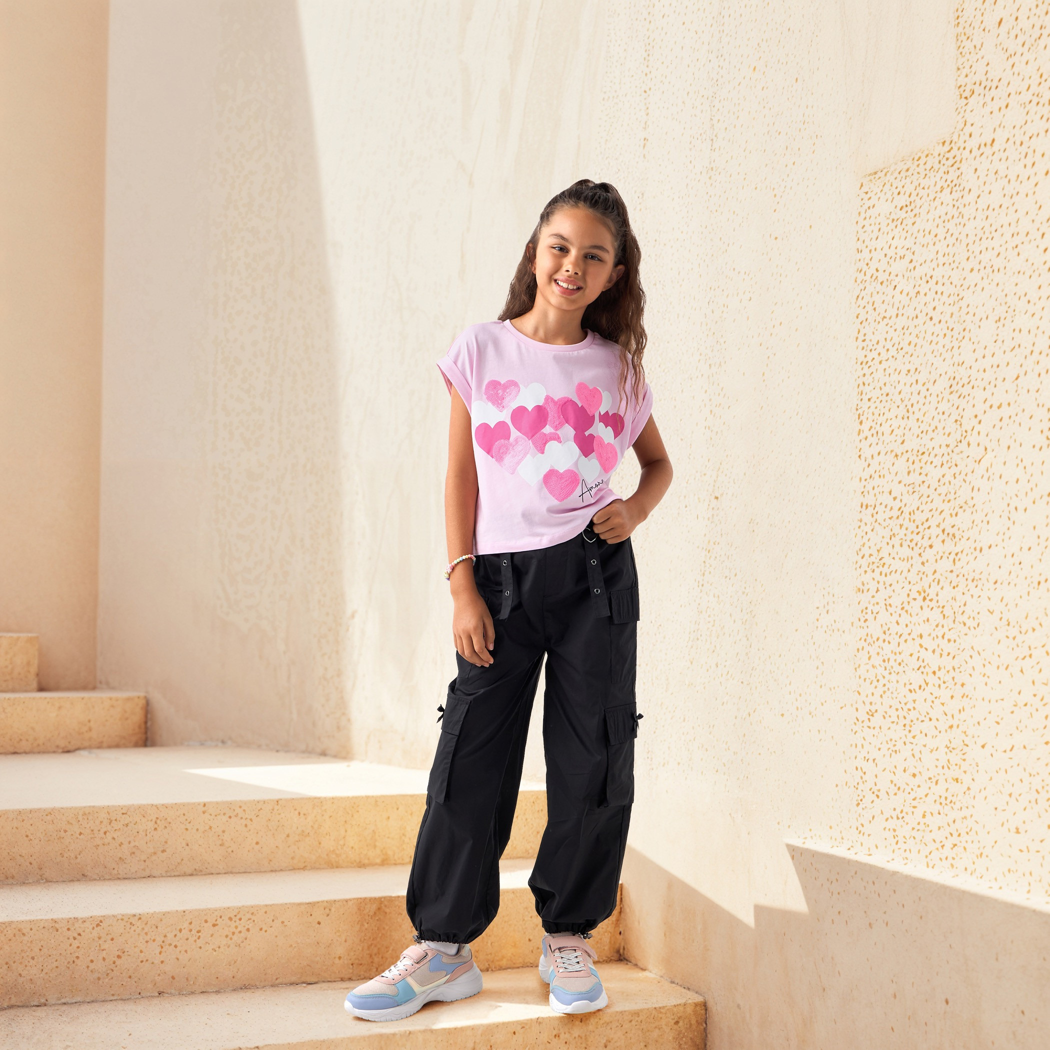Juniors Heart Print T-shirt with Short Sleeves-girls-clothing-tshirts-image-2