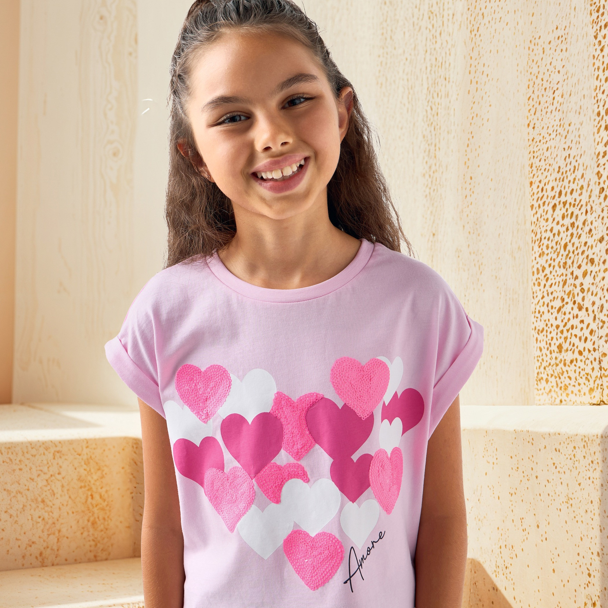 Juniors Heart Print T-shirt with Short Sleeves-girls-clothing-tshirts-image-4