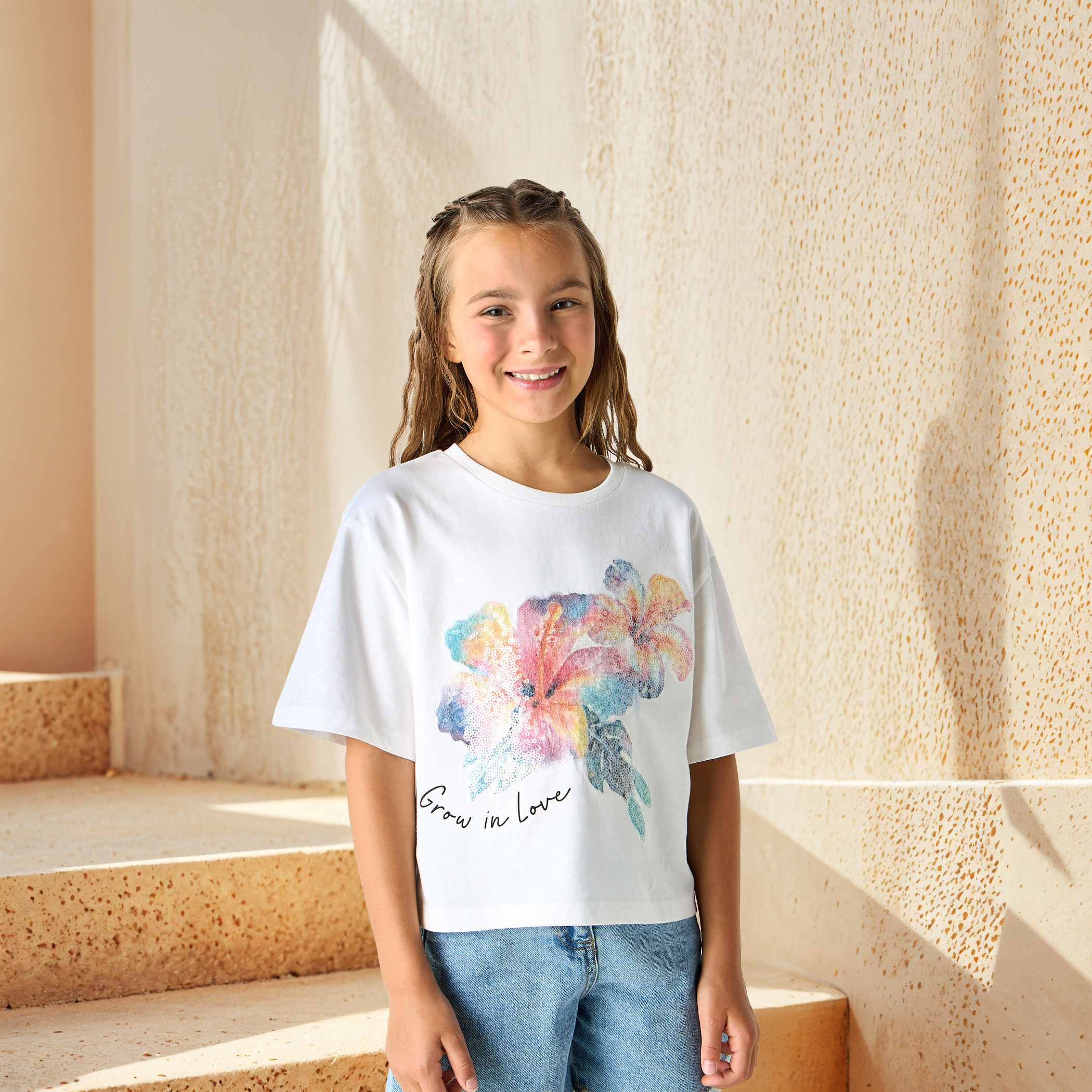 Juniors Floral Embellished T-shirt with Short Sleeves-girls-clothing-tshirts-image-1