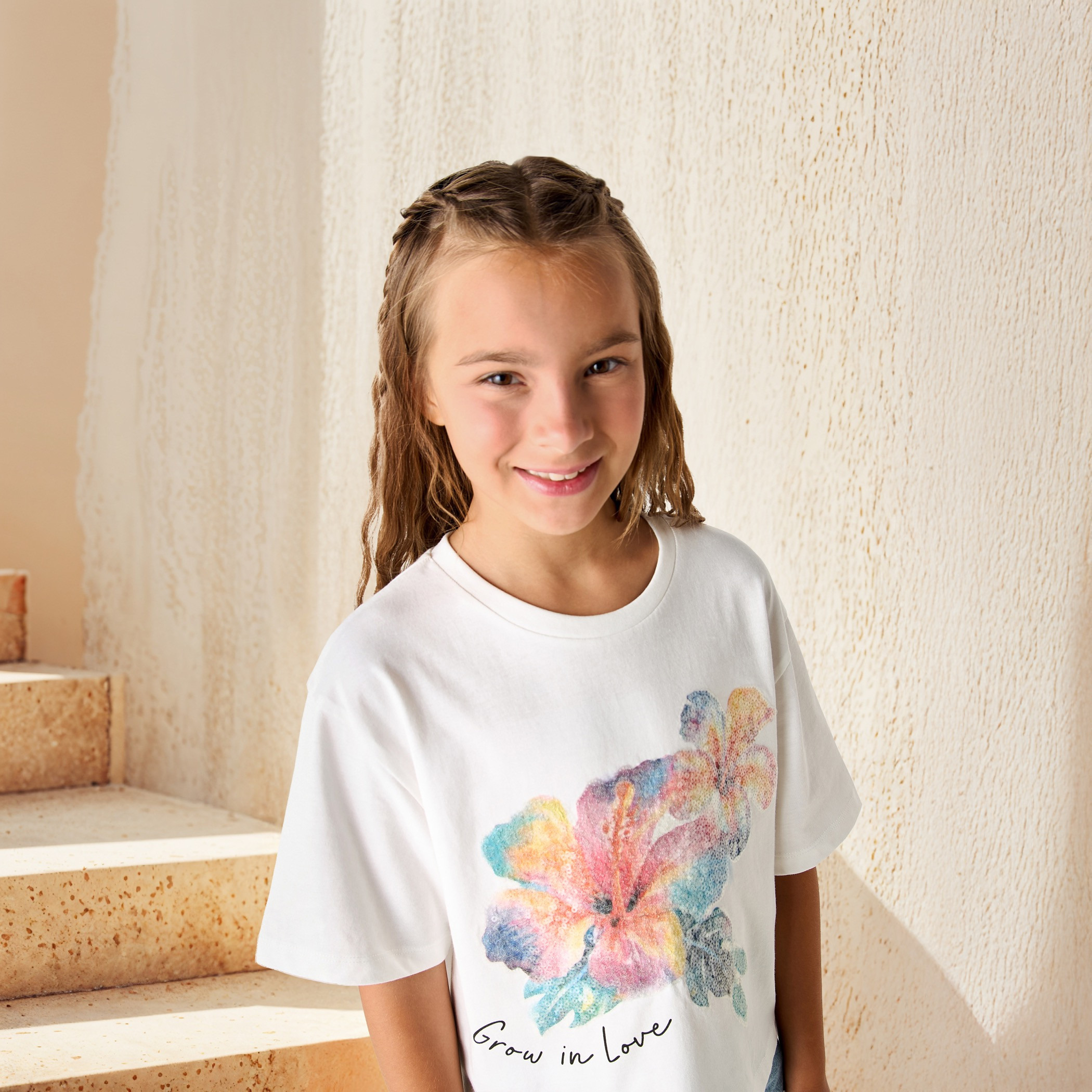 Juniors Floral Embellished T-shirt with Short Sleeves-girls-clothing-tshirts-image-4