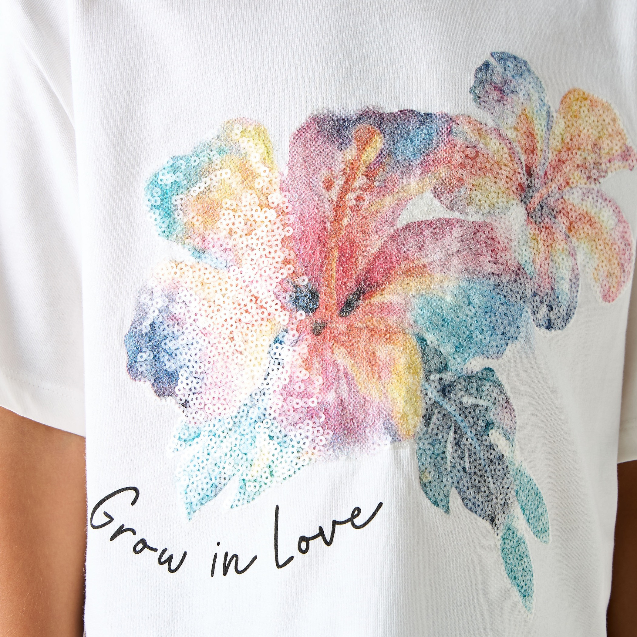 Juniors Floral Embellished T-shirt with Short Sleeves-girls-clothing-tshirts-image-5