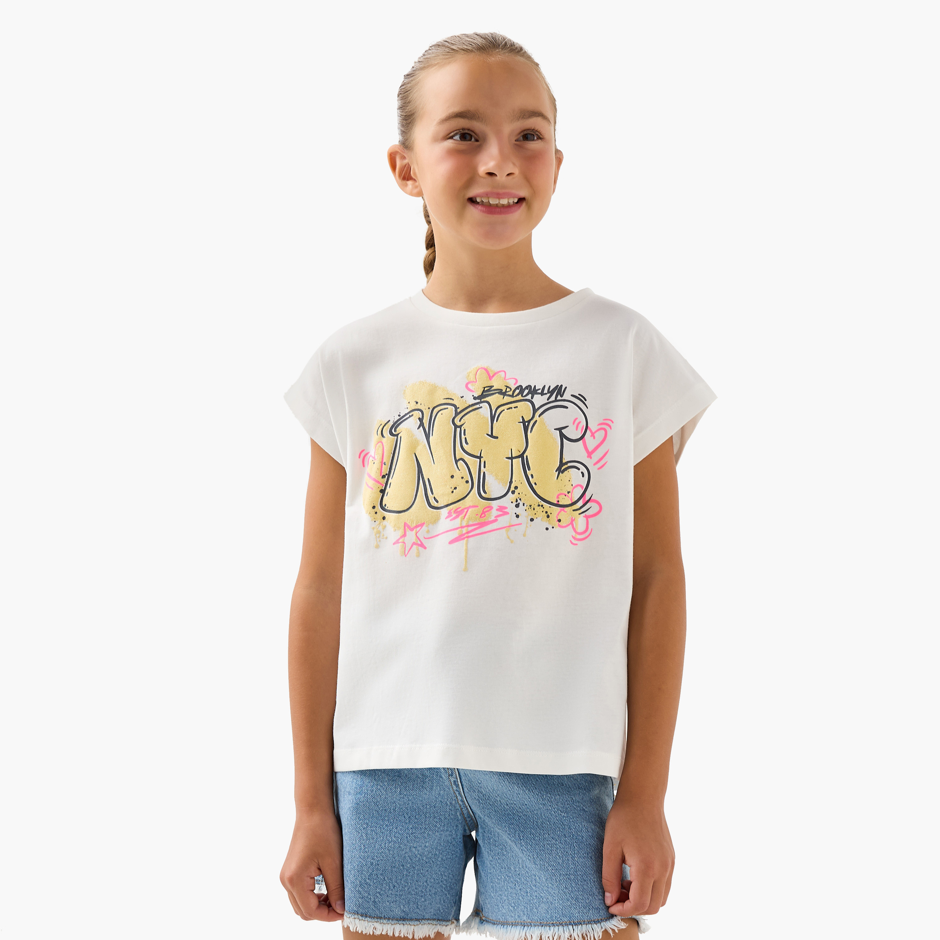 Juniors Printed T-shirt with Extended Sleeves-girls-clothing-tshirts-image-1
