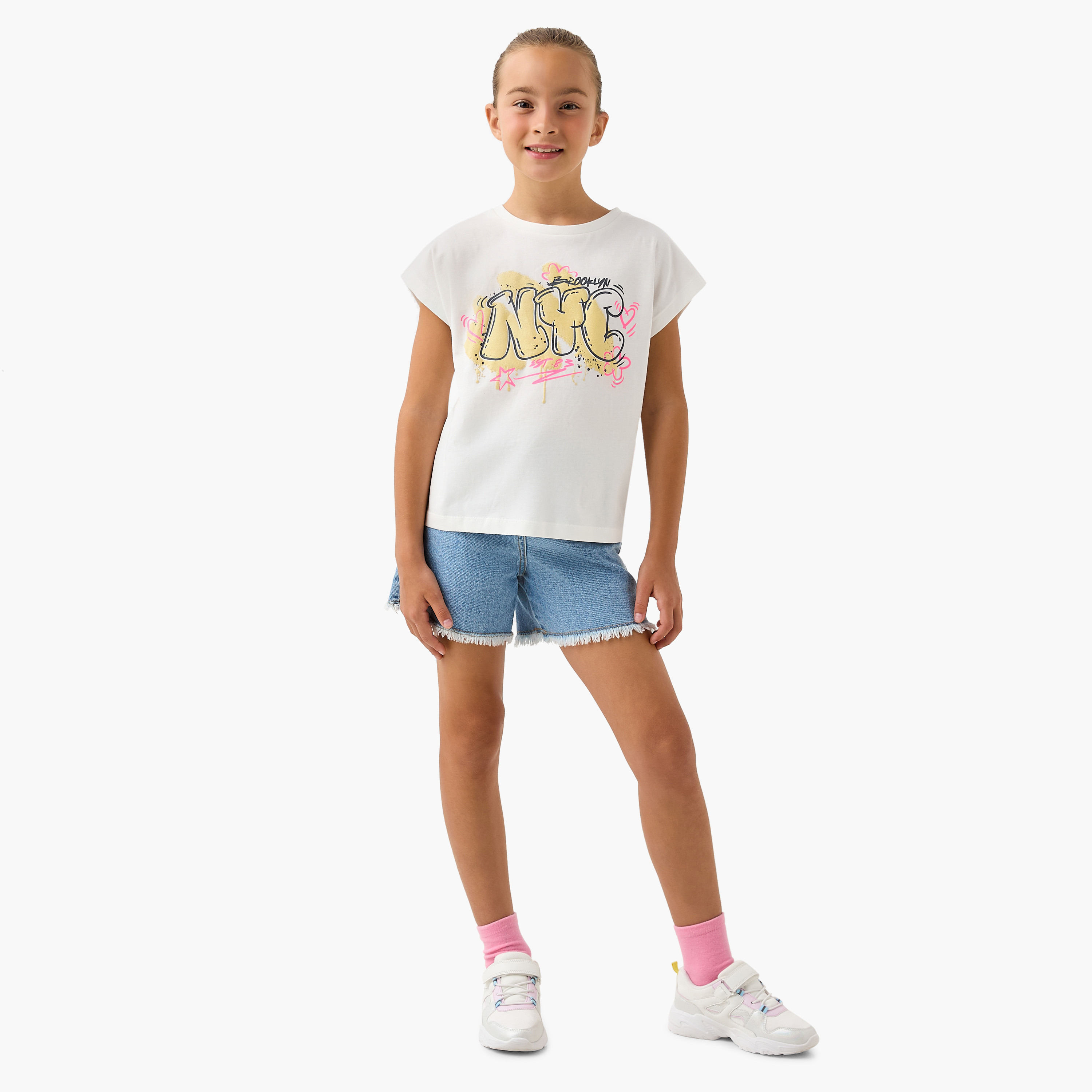Juniors Printed T-shirt with Extended Sleeves-girls-clothing-tshirts-image-2