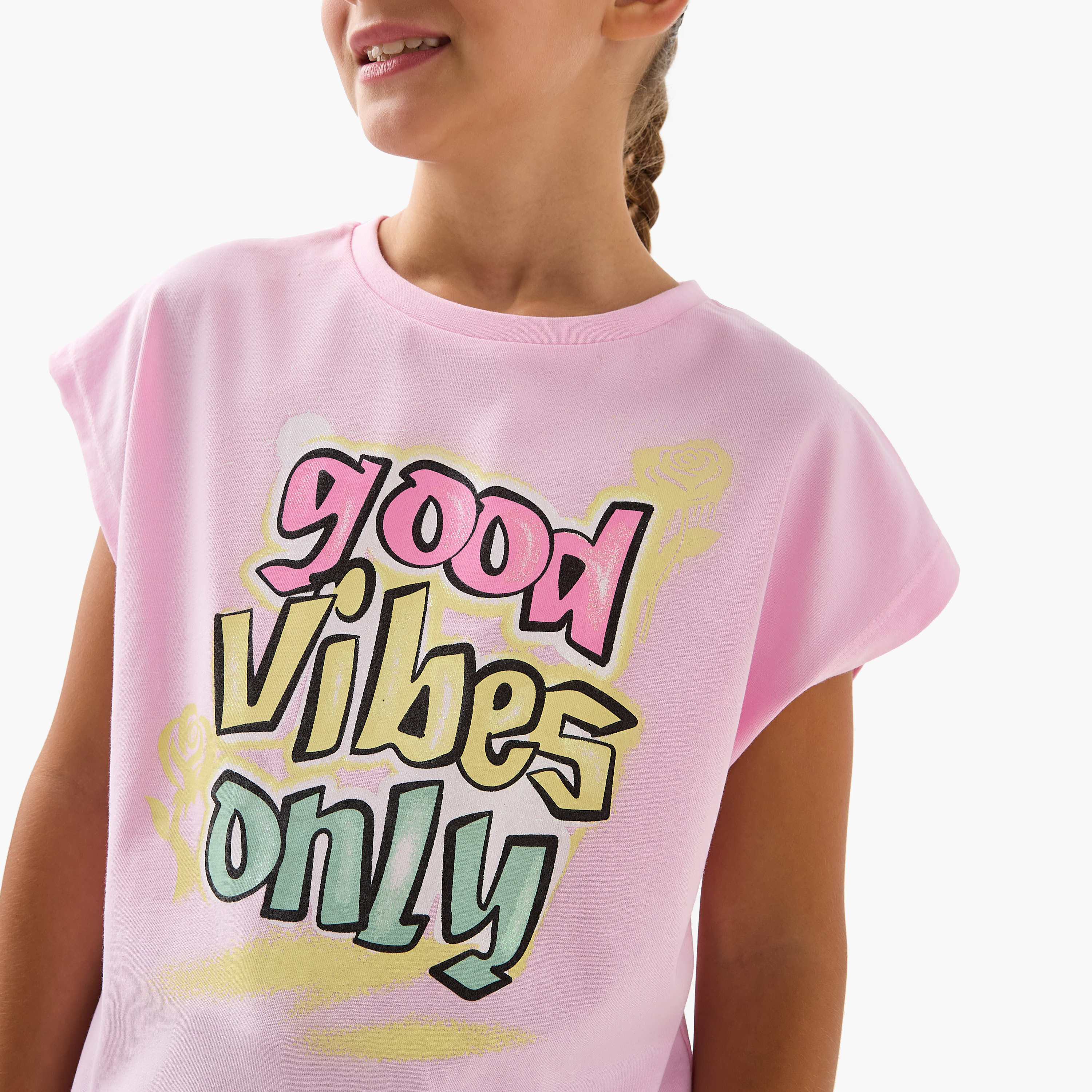 Juniors Slogan Print T-shirt with Short Sleeves-girls-clothing-tshirts-image-4