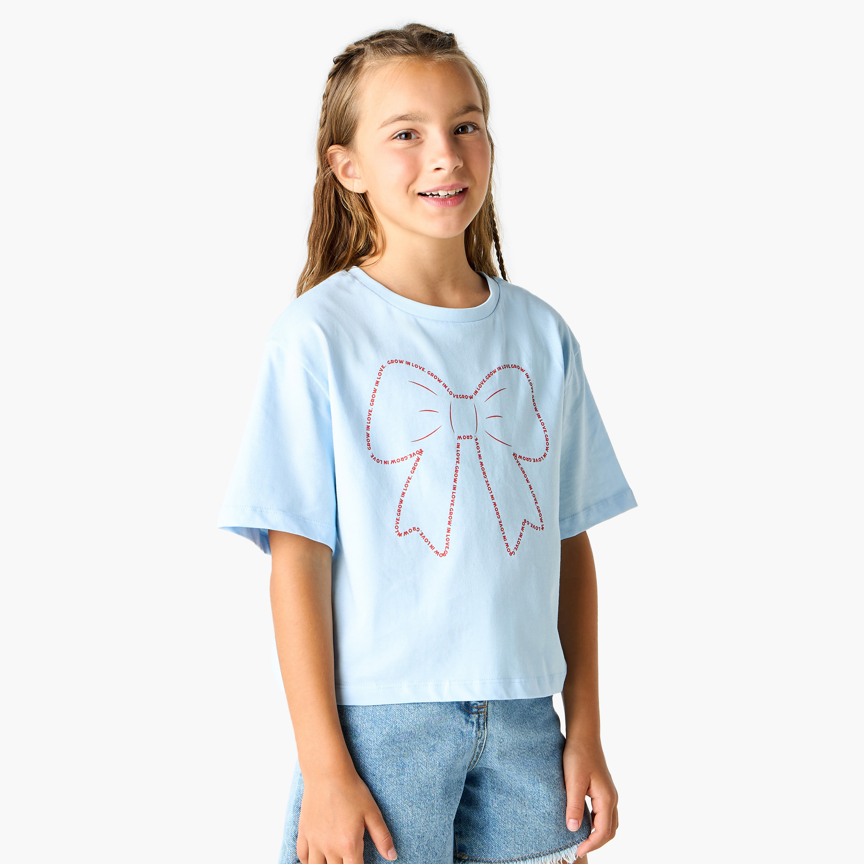 Juniors Bow Print T-shirt with Crew Neck and Short Sleeves-girls-clothing-tshirts-image-1
