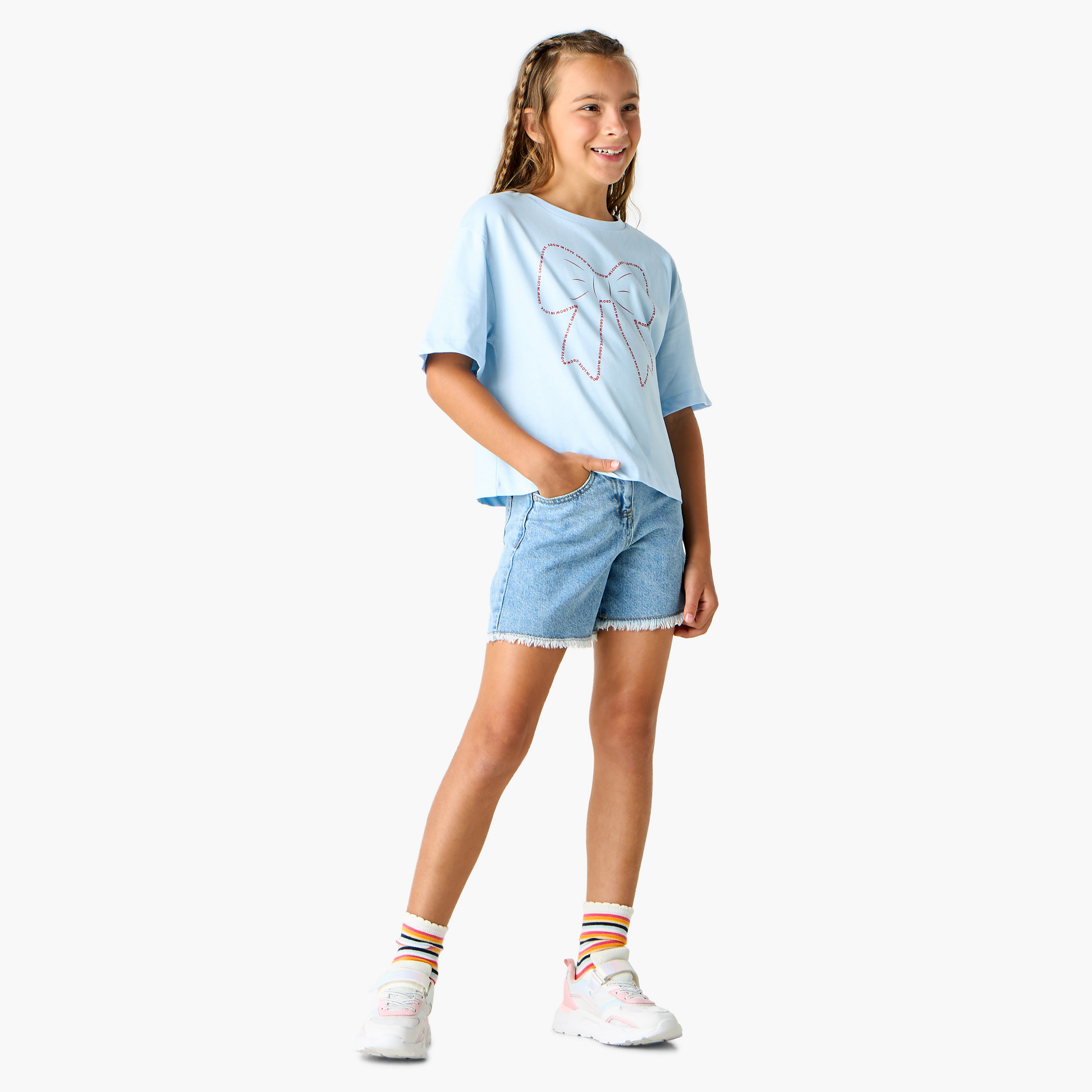 Juniors Bow Print T-shirt with Crew Neck and Short Sleeves-girls-clothing-tshirts-image-2