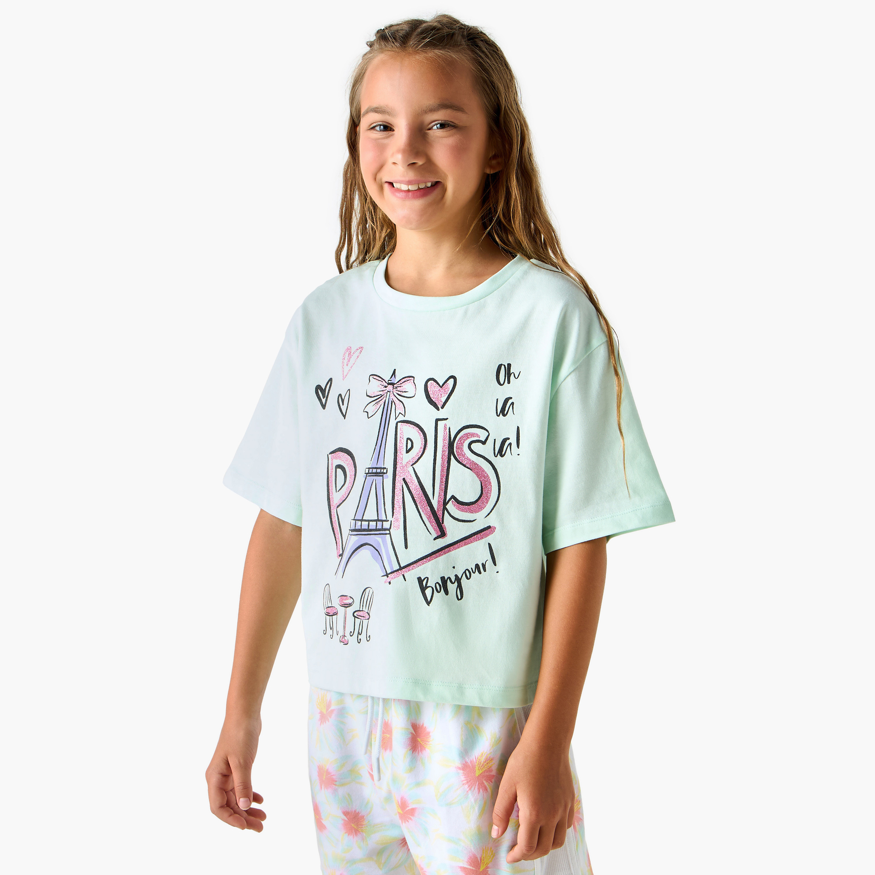 Juniors Paris Print T-shirt with Short Sleeves-girls-clothing-tshirts-image-1