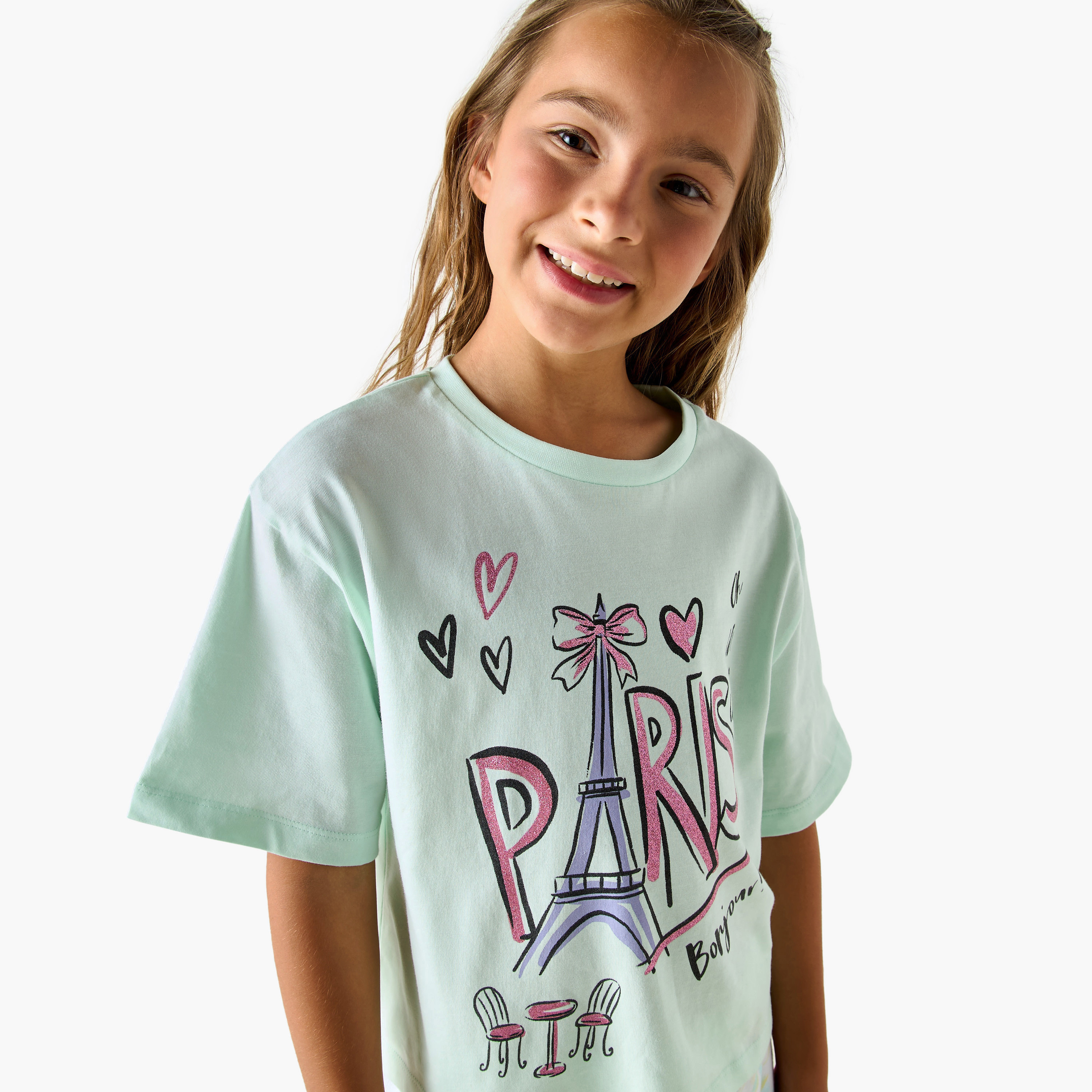 Juniors Paris Print T-shirt with Short Sleeves-girls-clothing-tshirts-image-4