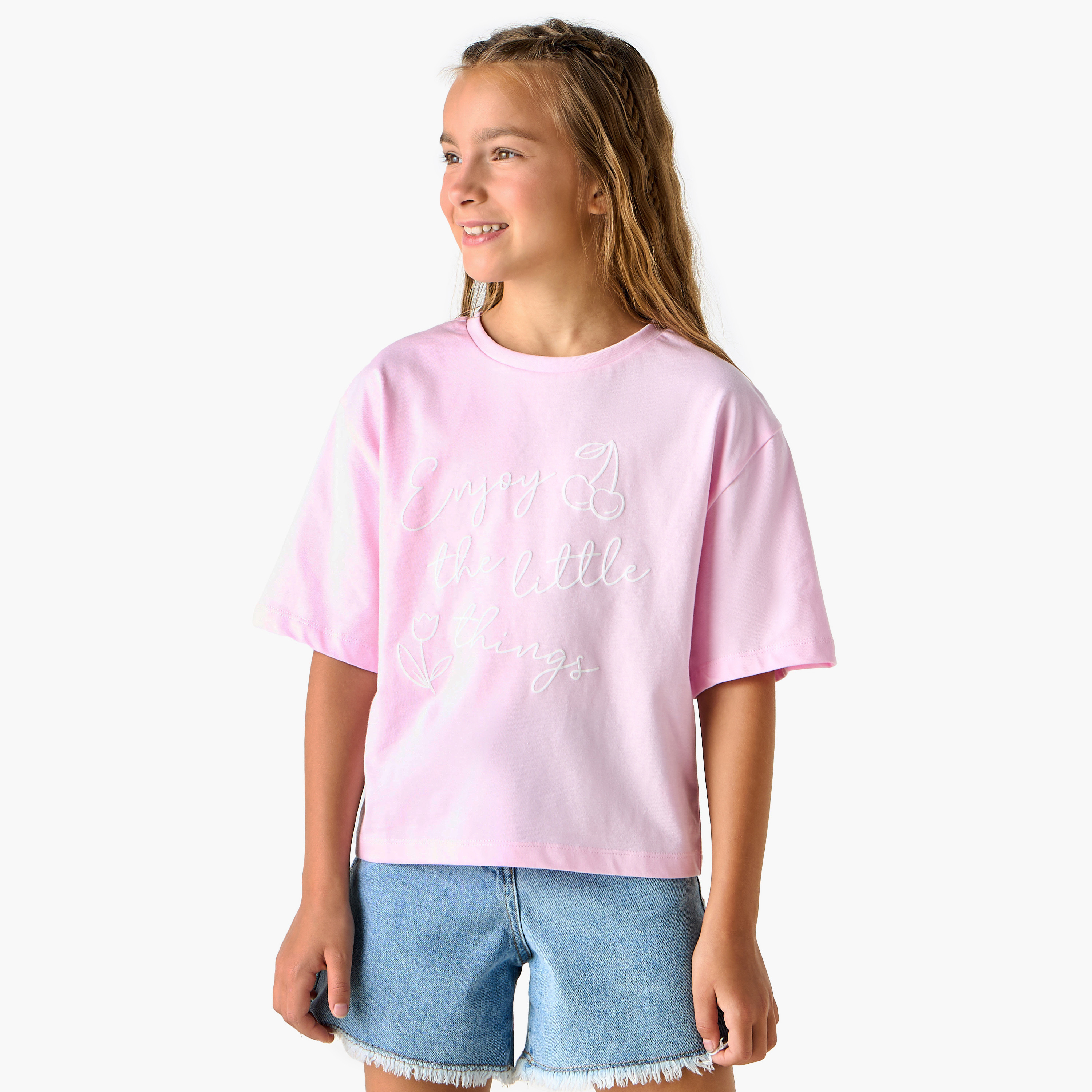 Juniors Slogan Print T-shirt with Short Sleeves-girls-clothing-tshirts-image-1