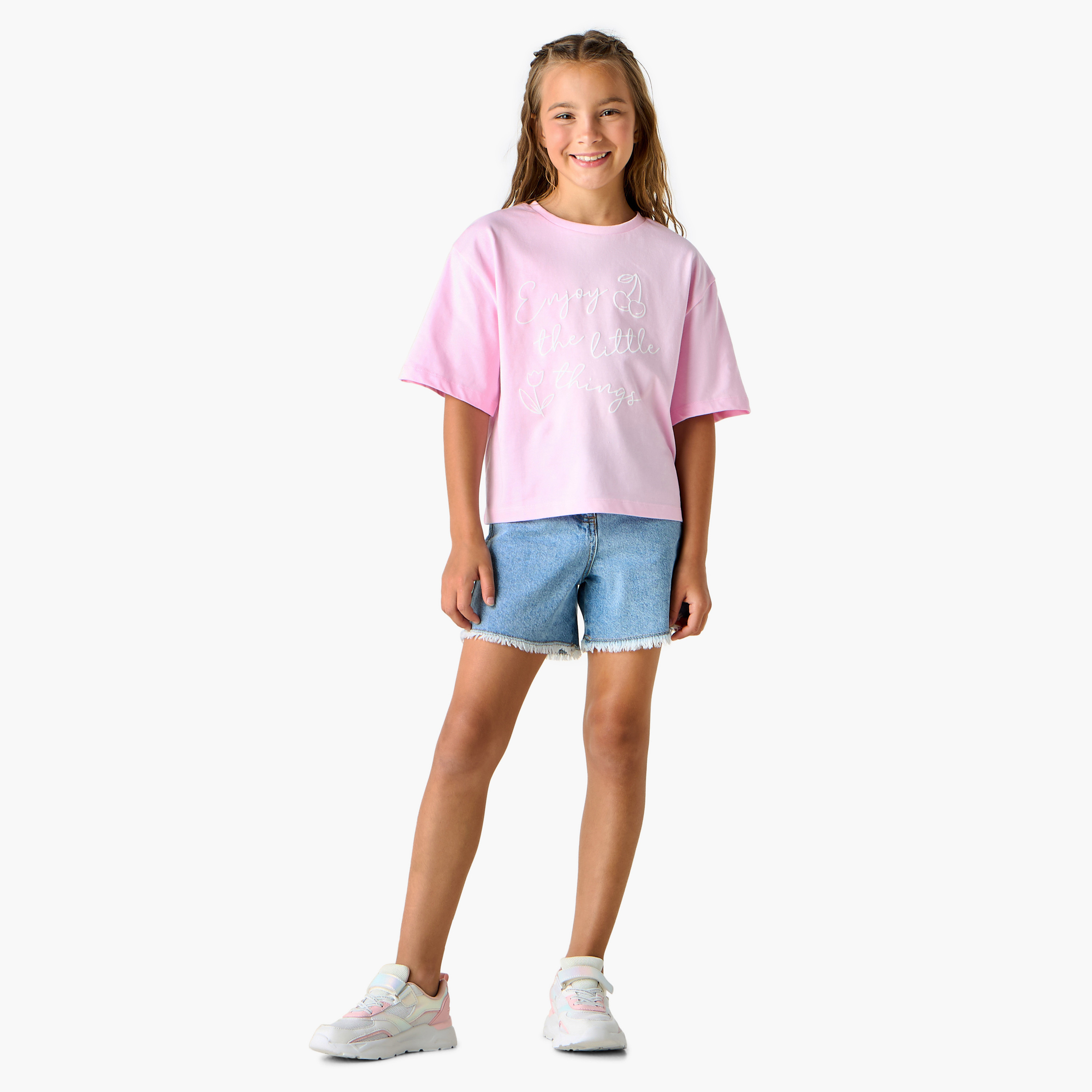 Juniors Slogan Print T-shirt with Short Sleeves-girls-clothing-tshirts-image-2