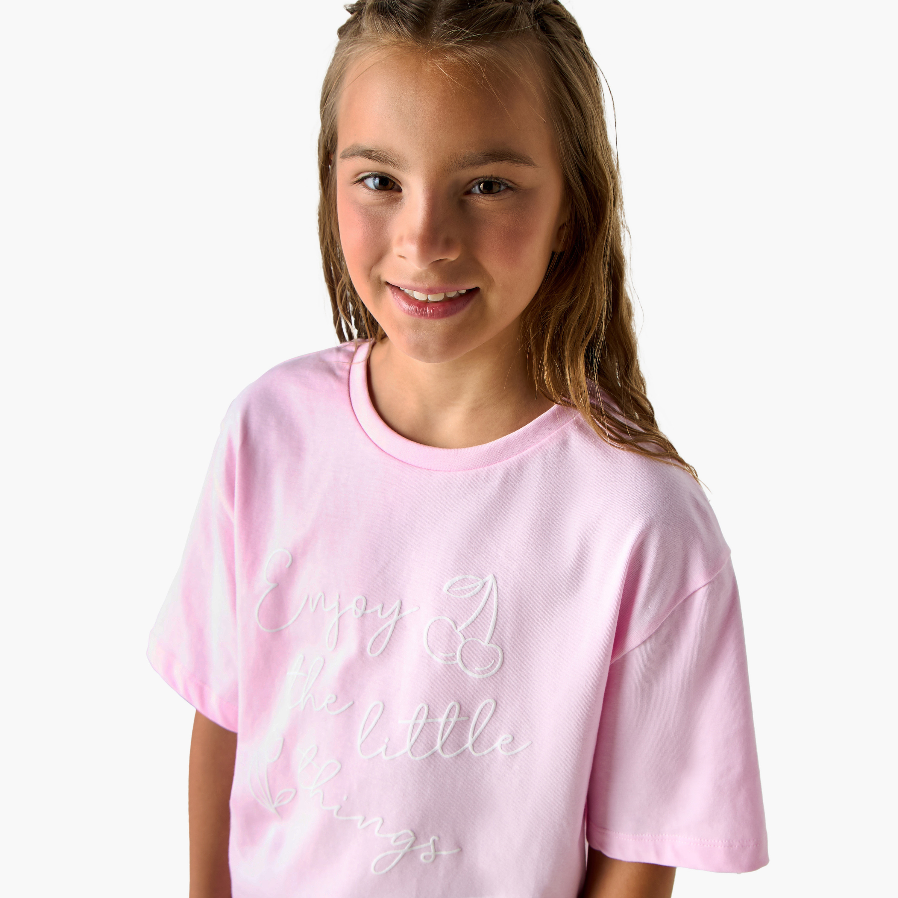 Juniors Slogan Print T-shirt with Short Sleeves-girls-clothing-tshirts-image-4