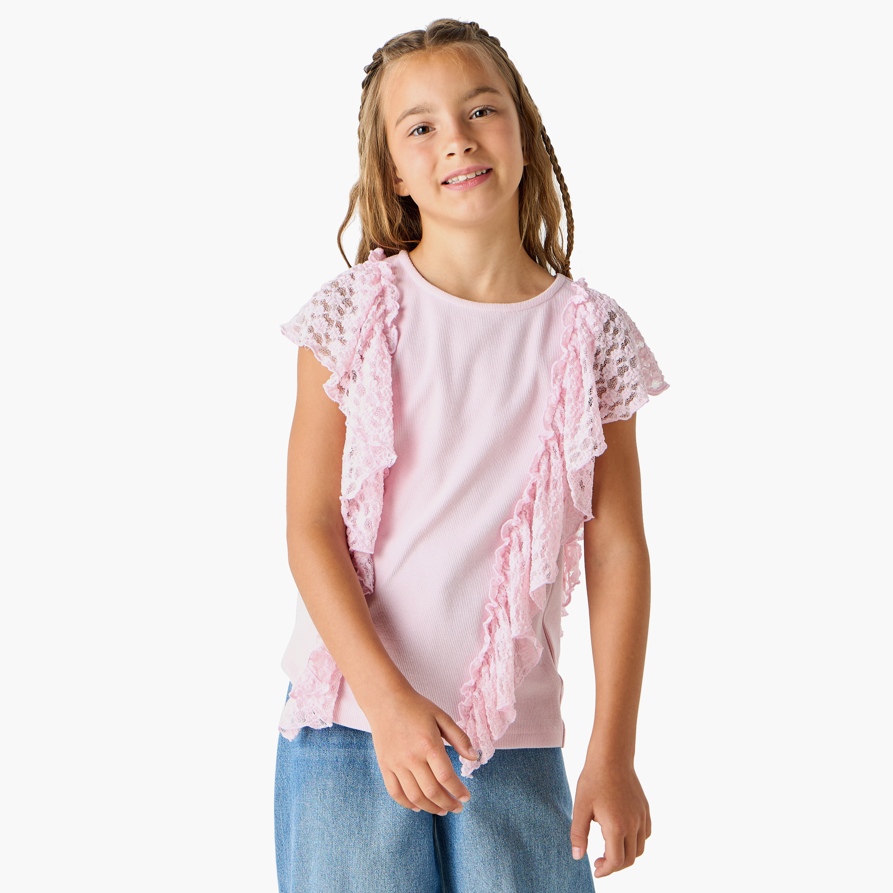 تيشيرت بياقة مستديرة مع تقليمات دانتيل من جونيورز-girls-clothing-blousesandshirts-image-5