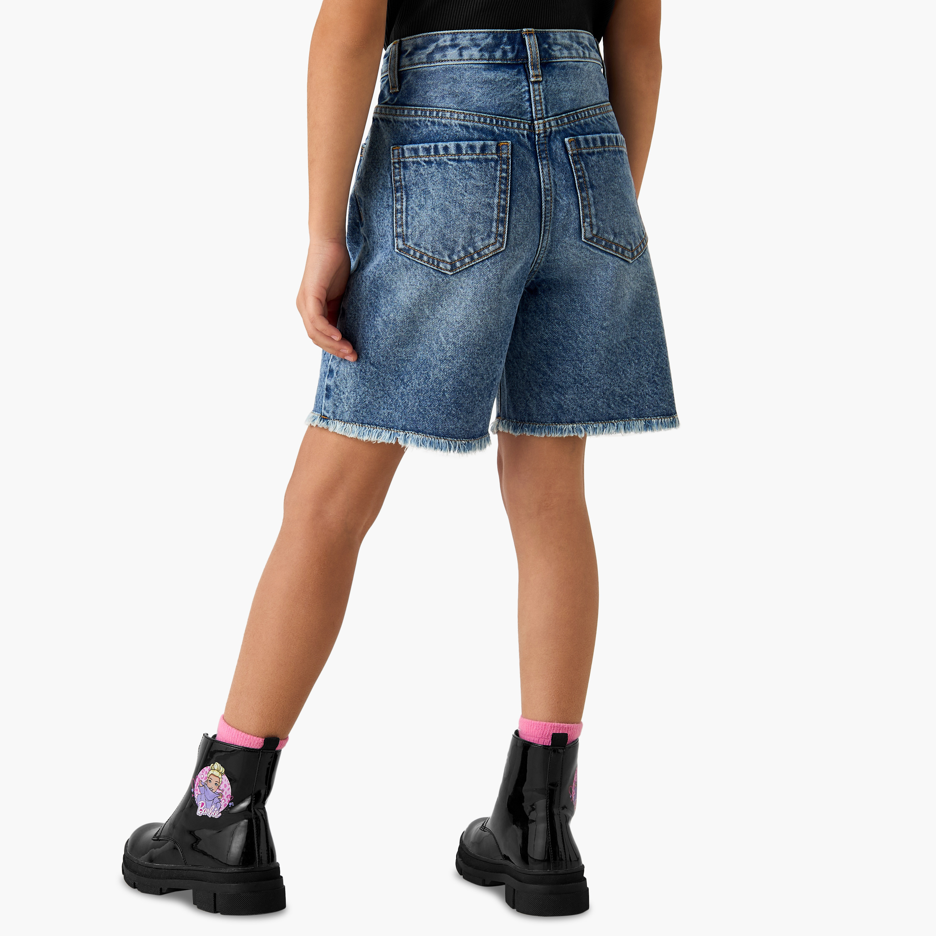 شورت دينم سادة بجيوب بحواف ممزقة من جونيورز-girls-clothing-bottoms-shorts-image-2