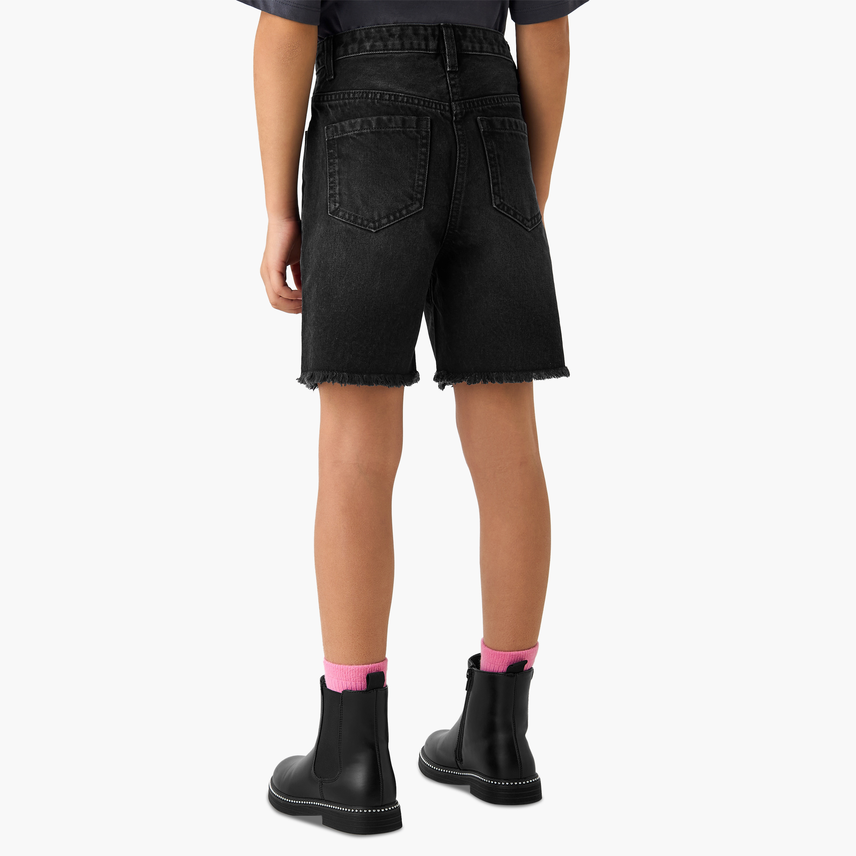 Juniors Solid Denim Shorts with Pockets and Frayed Hem-girls-clothing-bottoms-shorts-image-3