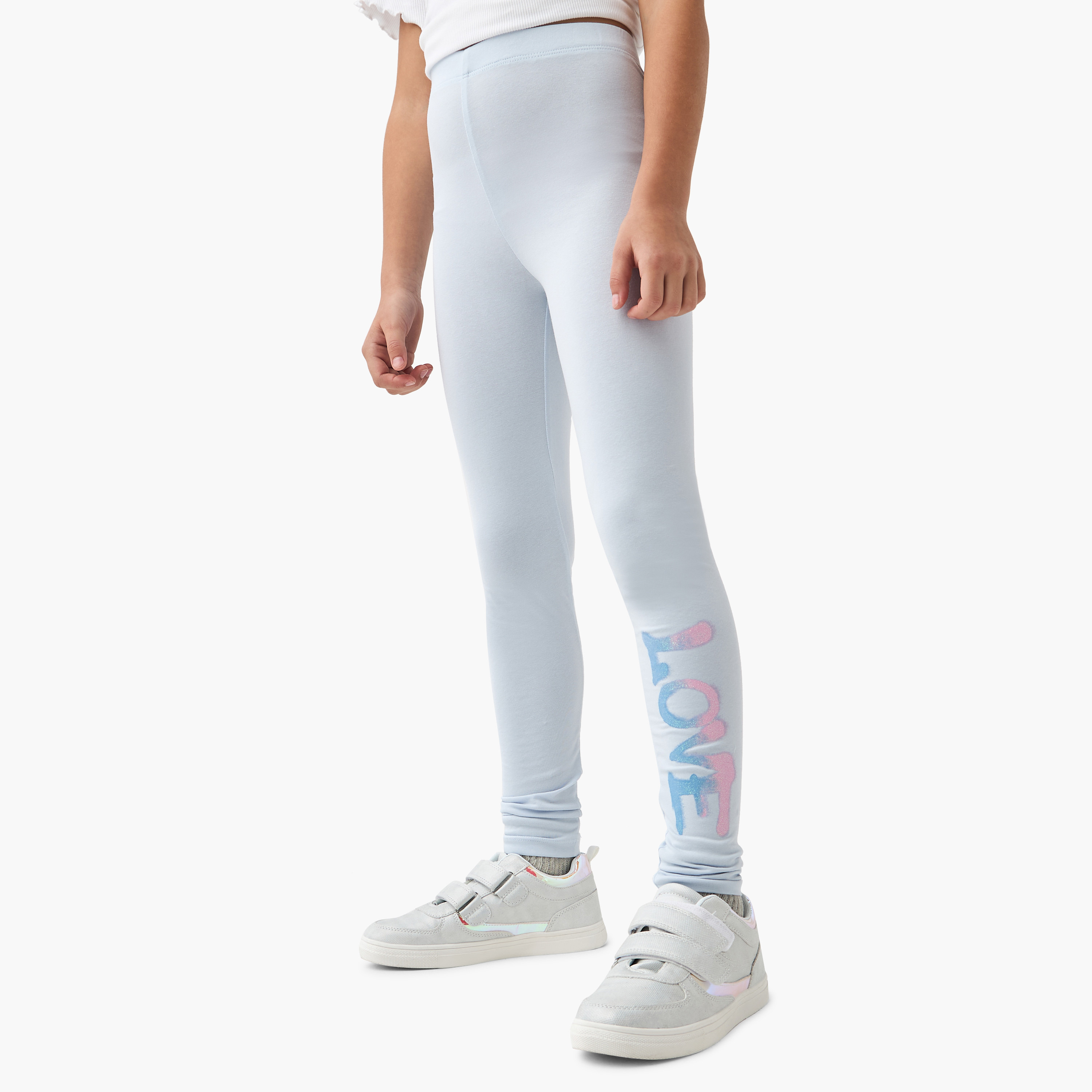 Juniors Typographic Print Leggings with Elasticated Waistband-girls-clothing-bottoms-leggings-image-1