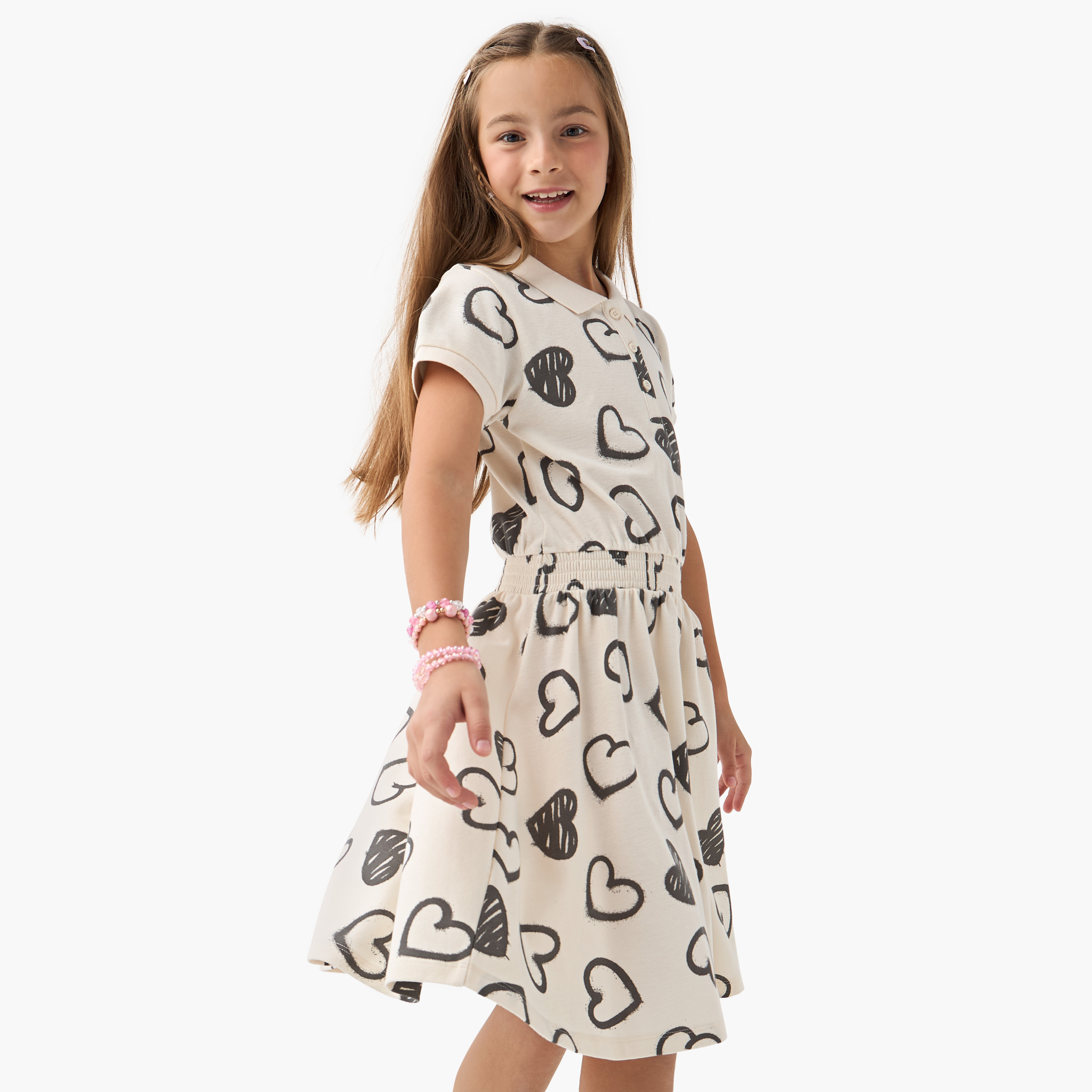 Juniors Heart Print Polo Dress with Short Sleeves-girls-clothing-dressesandjumpsuits-image-1
