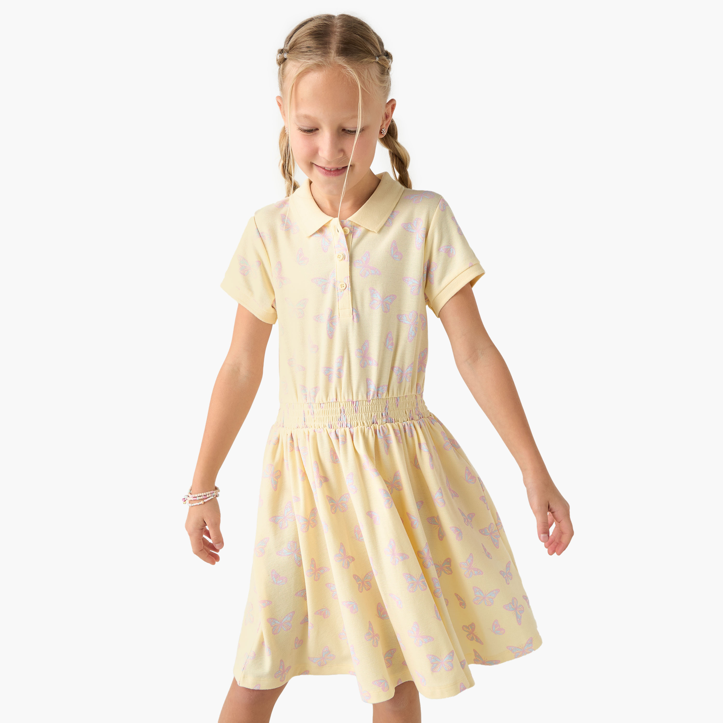 Juniors Butterfly Print Polo Collar Dress with Short Sleeves and Smocked Detail-girls-clothing-dressesandjumpsuits-image-1
