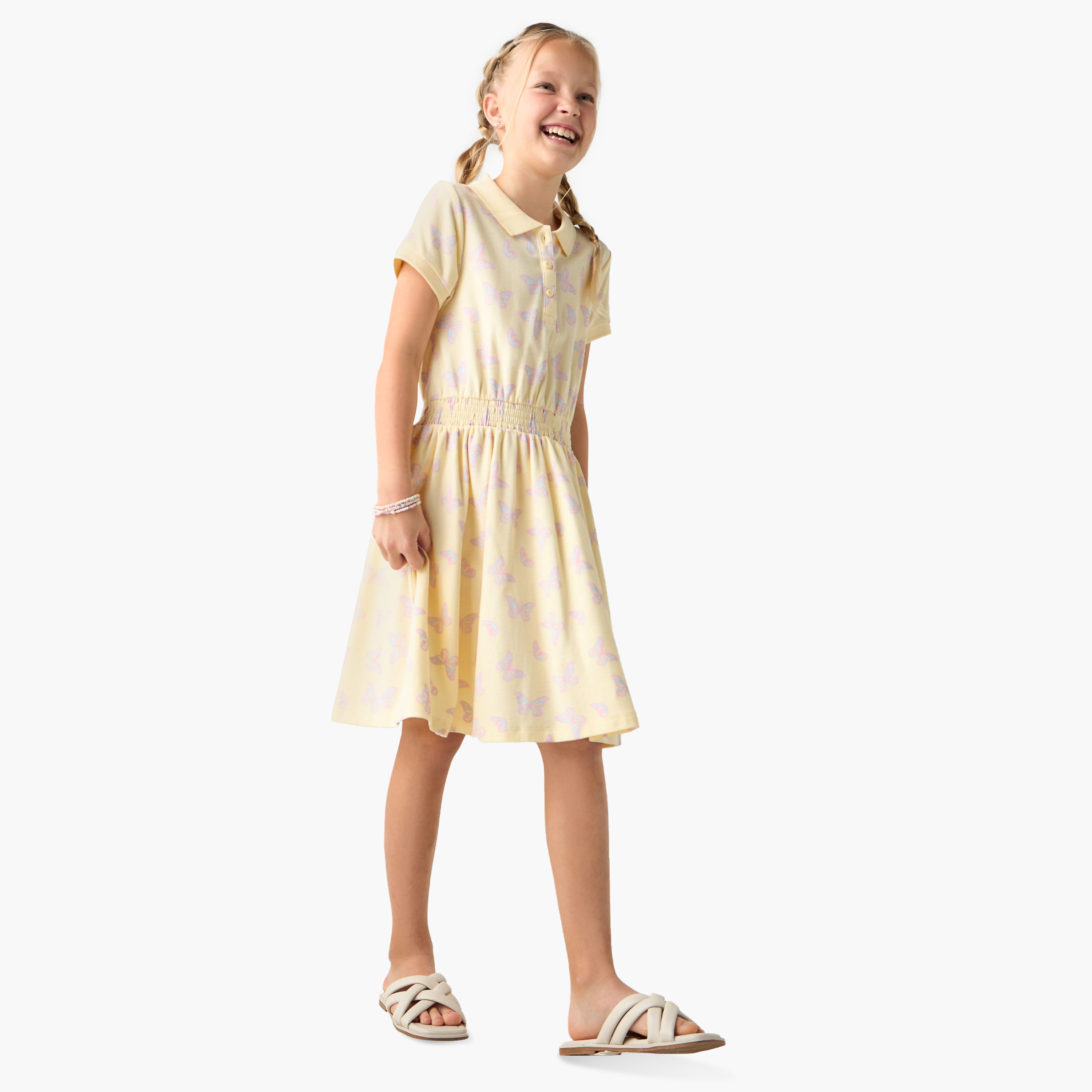 Juniors Butterfly Print Polo Collar Dress with Short Sleeves and Smocked Detail-girls-clothing-dressesandjumpsuits-image-2