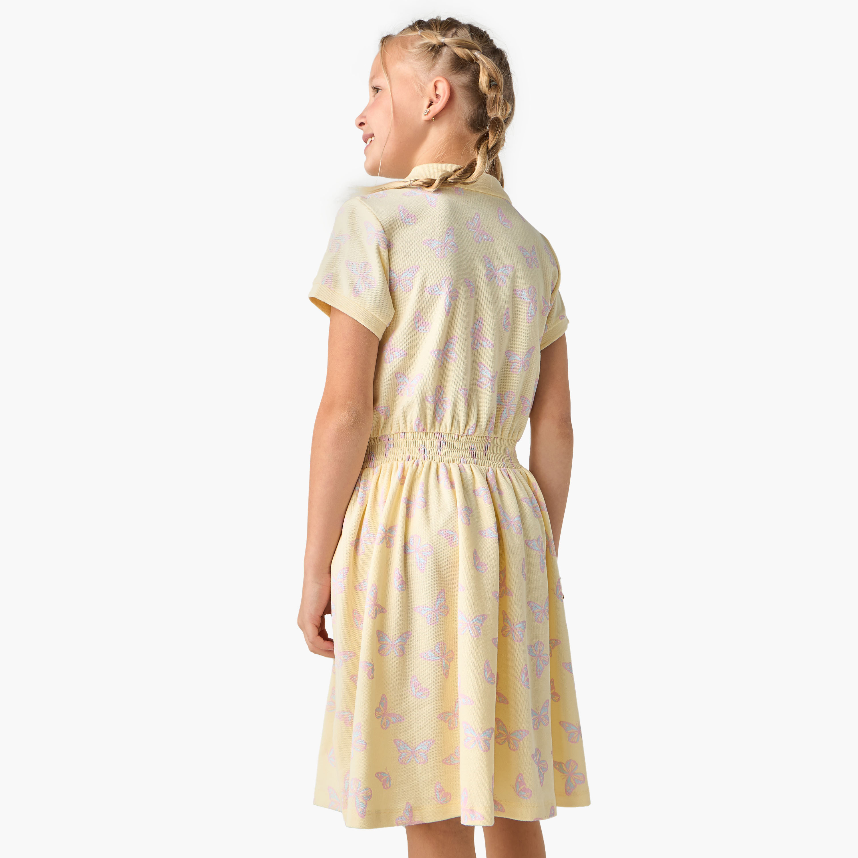 Juniors Butterfly Print Polo Collar Dress with Short Sleeves and Smocked Detail-girls-clothing-dressesandjumpsuits-image-3