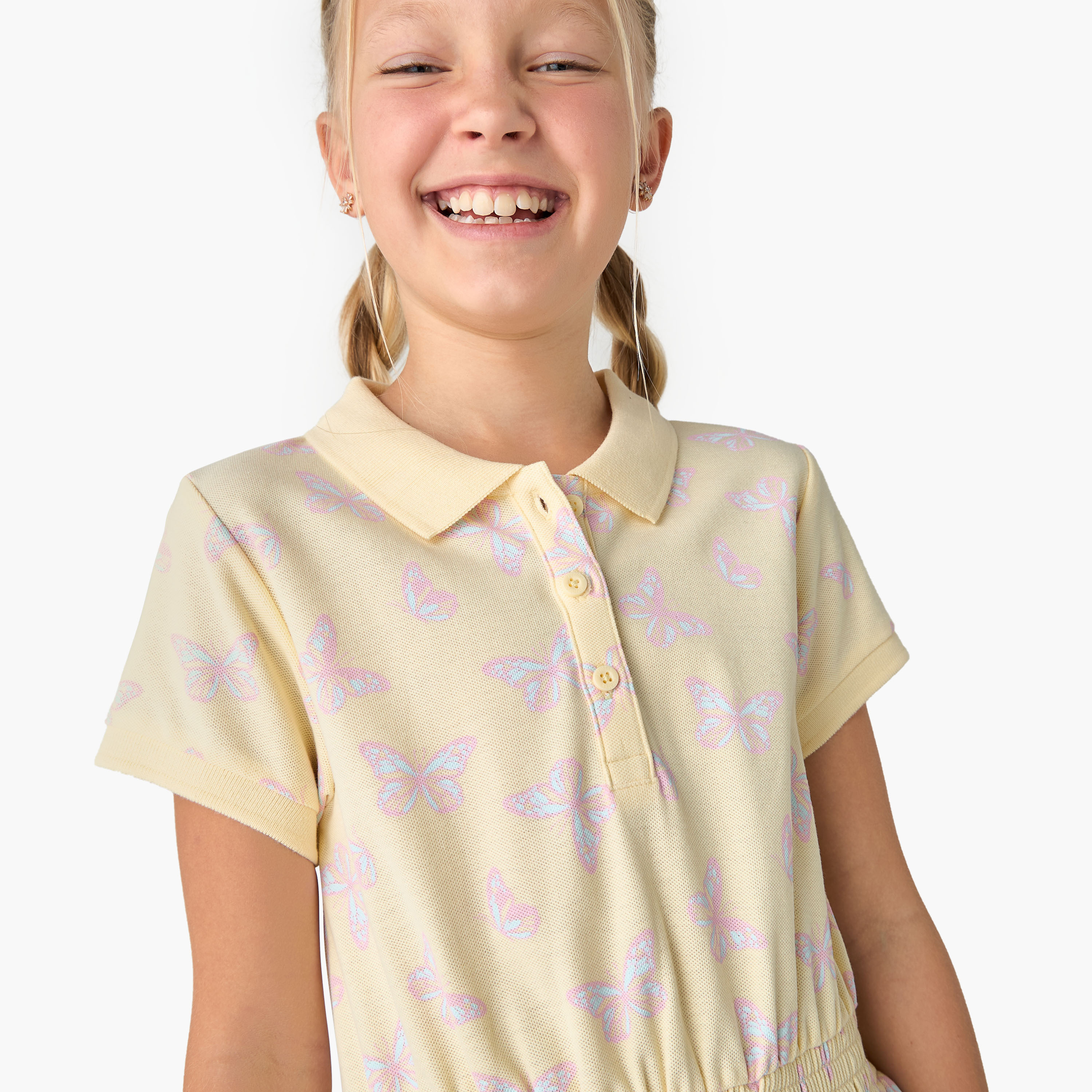Juniors Butterfly Print Polo Collar Dress with Short Sleeves and Smocked Detail-girls-clothing-dressesandjumpsuits-image-4