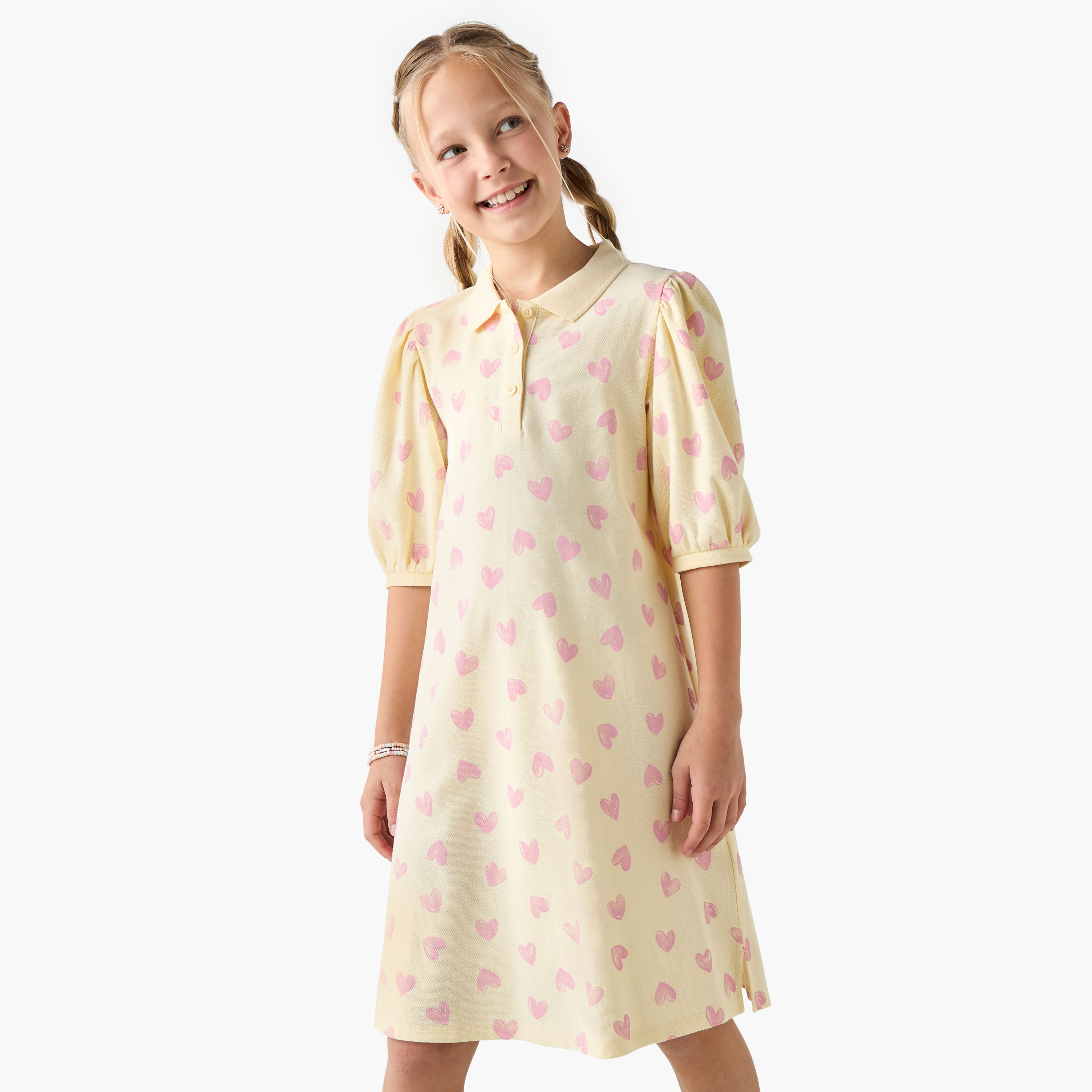 Juniors All-Over Heart Print Polo Dress with Puff Sleeves-girls-clothing-dressesandjumpsuits-image-1