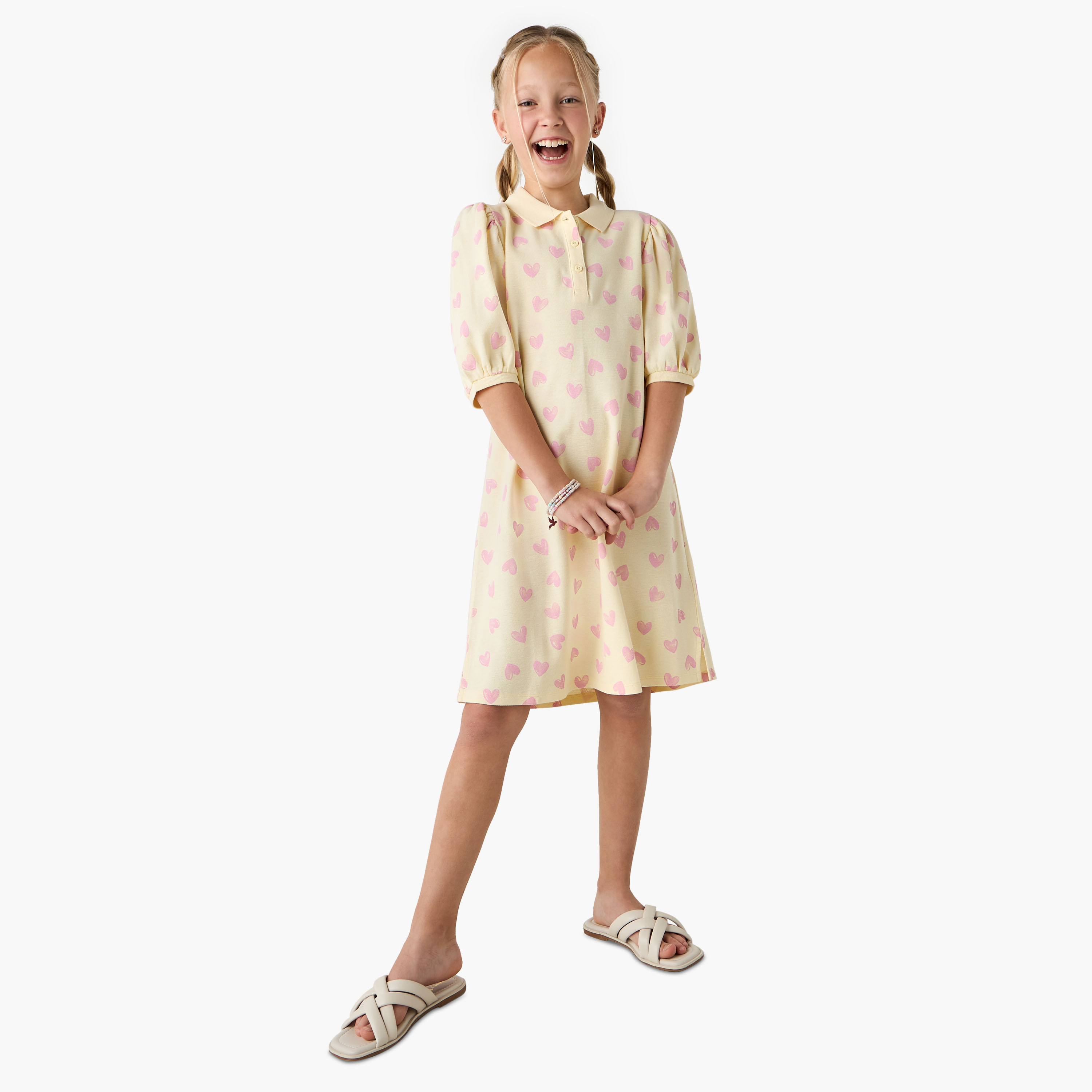 Juniors All-Over Heart Print Polo Dress with Puff Sleeves-girls-clothing-dressesandjumpsuits-image-2
